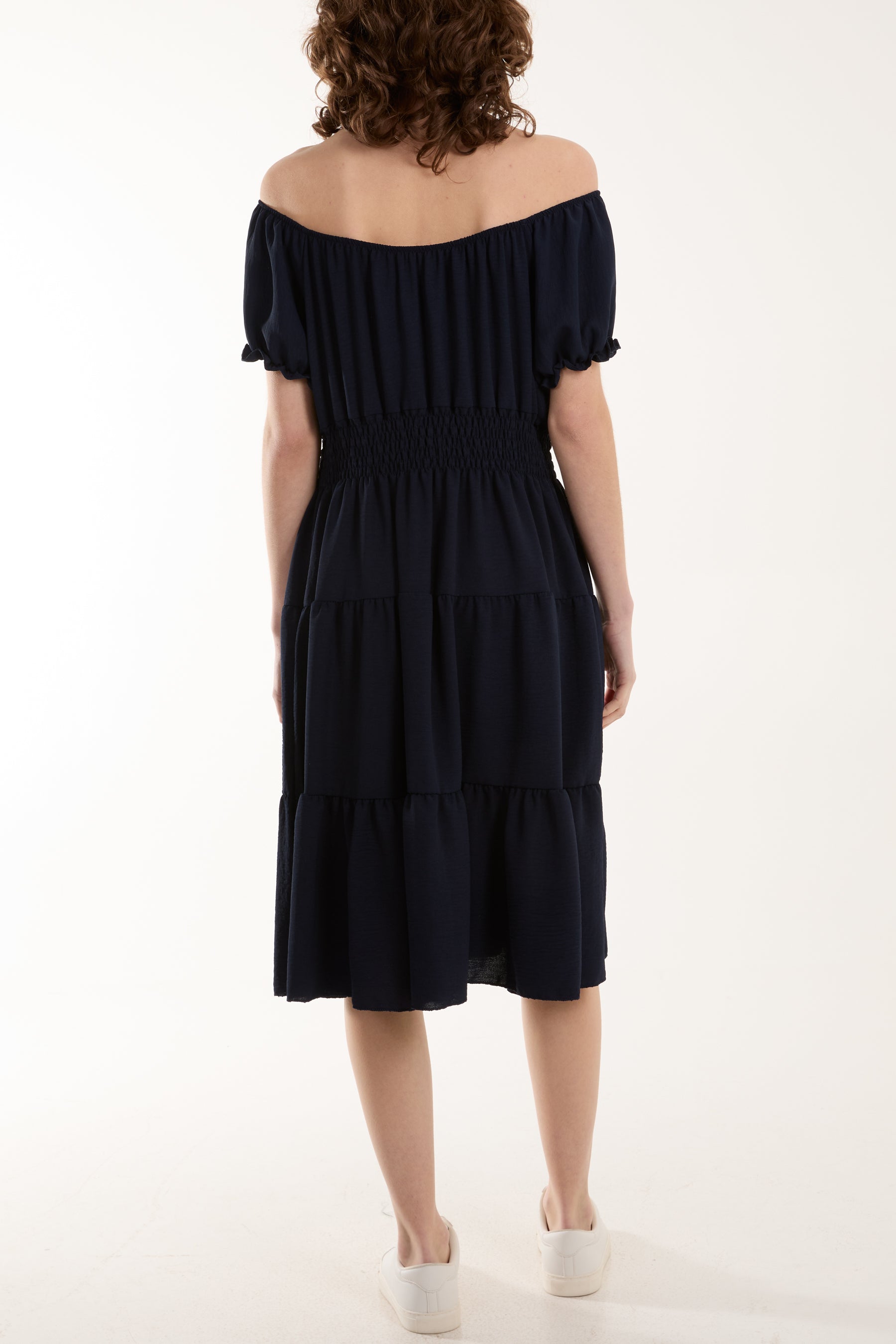 Bardot Shirred Bodice Tiered Dress Dresses WearAll