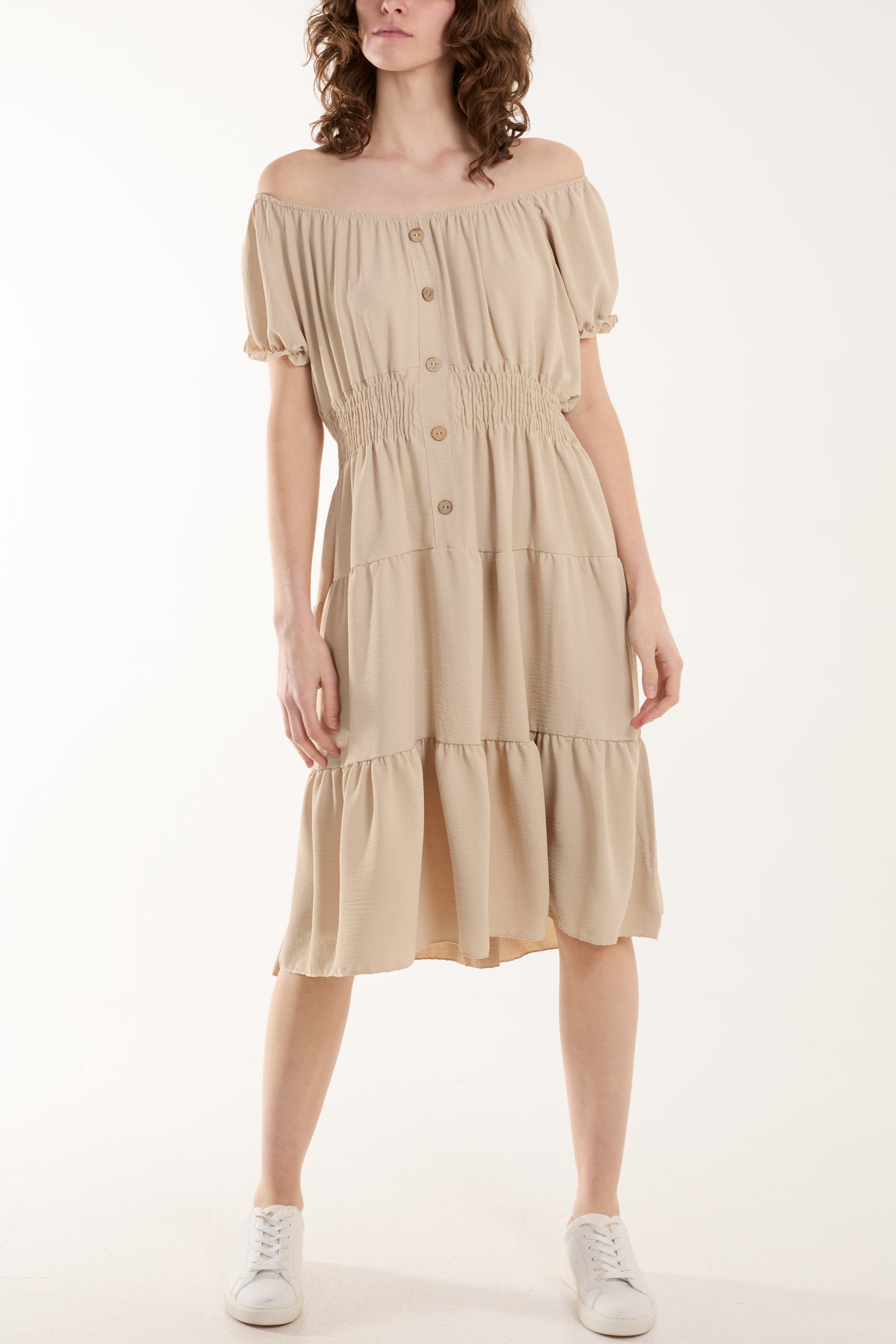 Bardot Shirred Bodice Tiered Dress Dresses WearAll Beige One Size