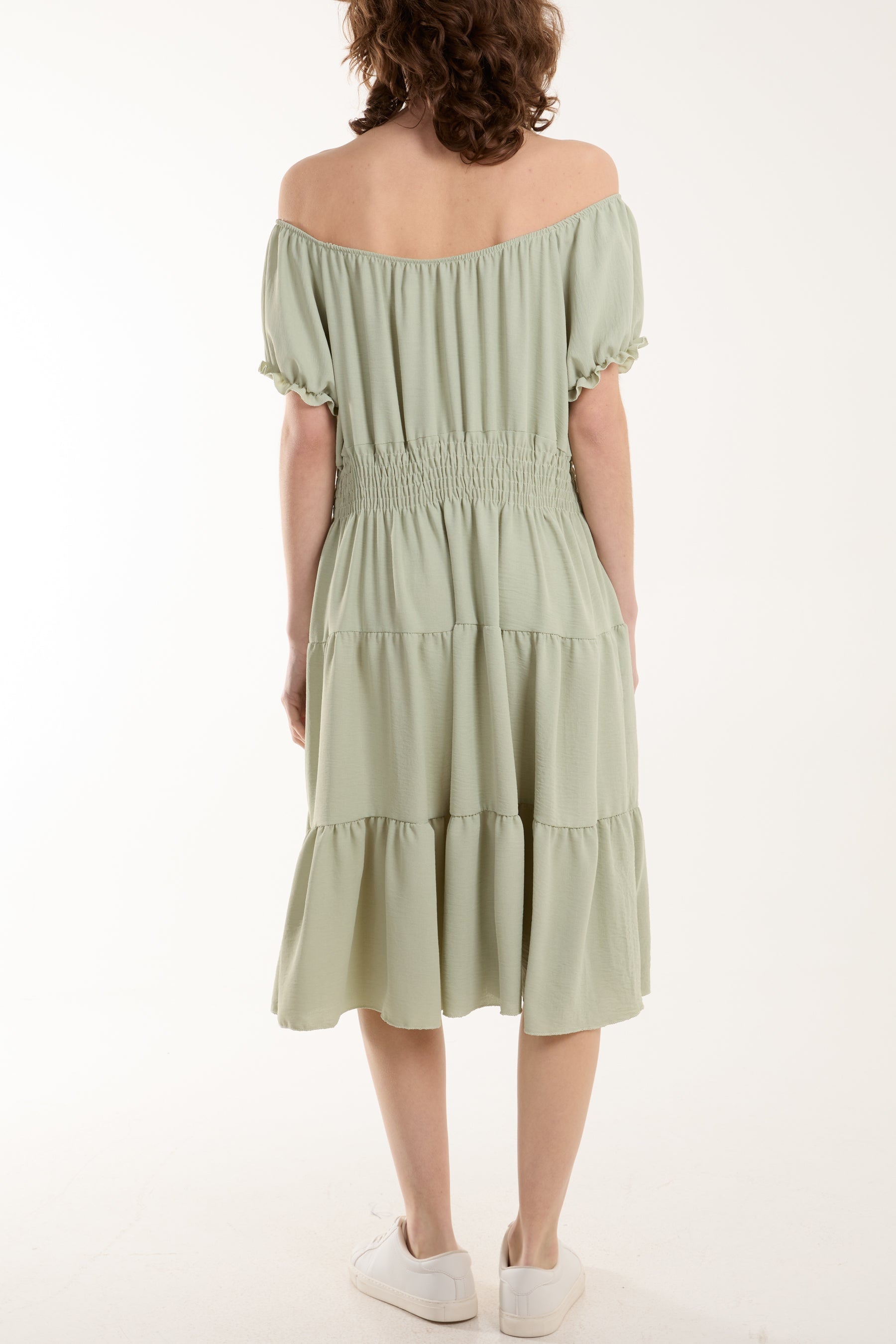 Bardot Shirred Bodice Tiered Dress Dresses WearAll