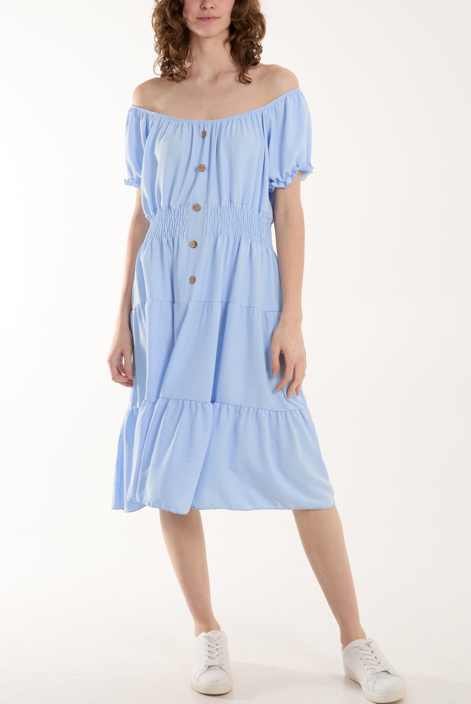 Bardot Shirred Bodice Tiered Dress Dresses WearAll Light Blue One Size