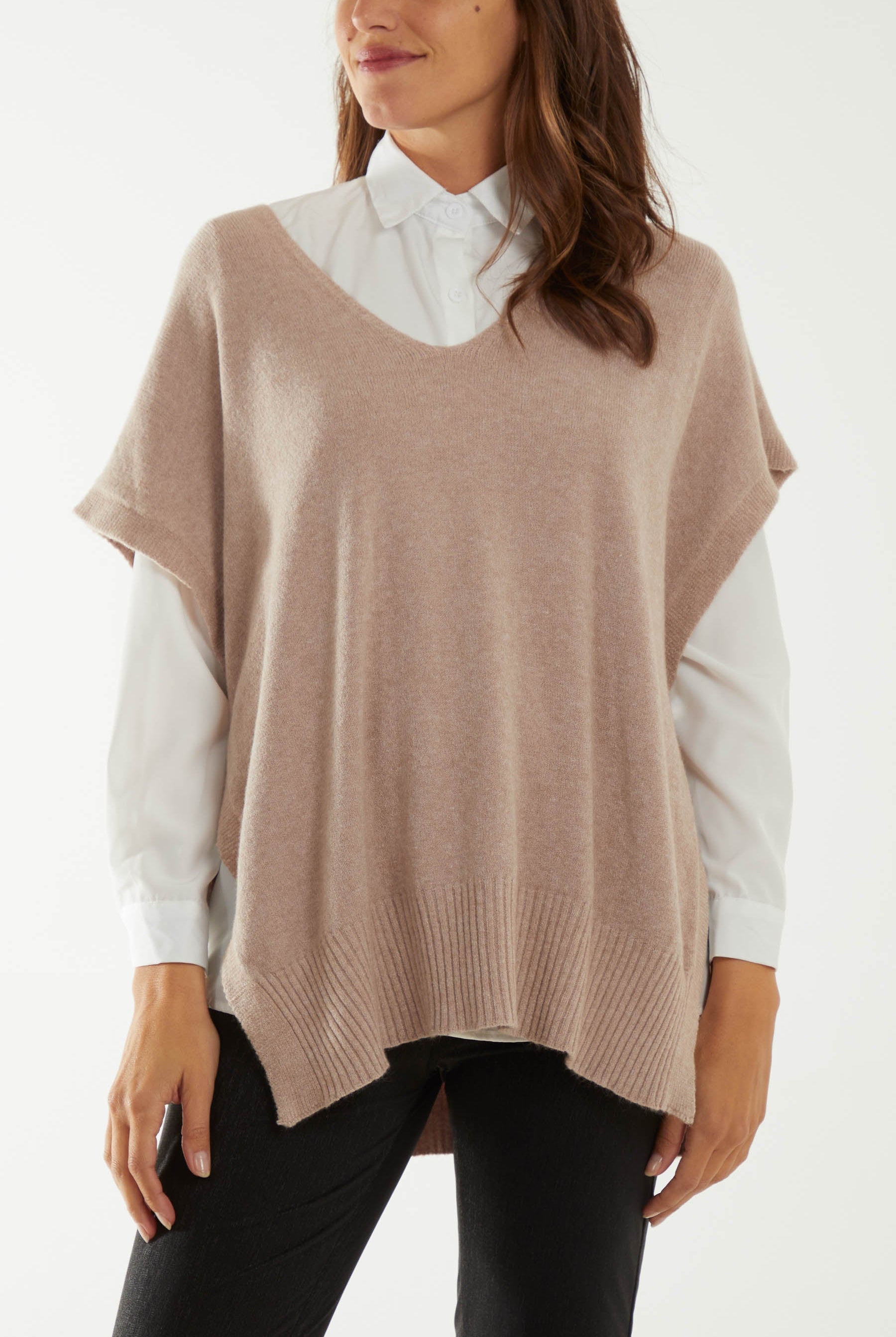 V-Neck Side Split Knit Vest Ponchos WearAll Mocha One Size