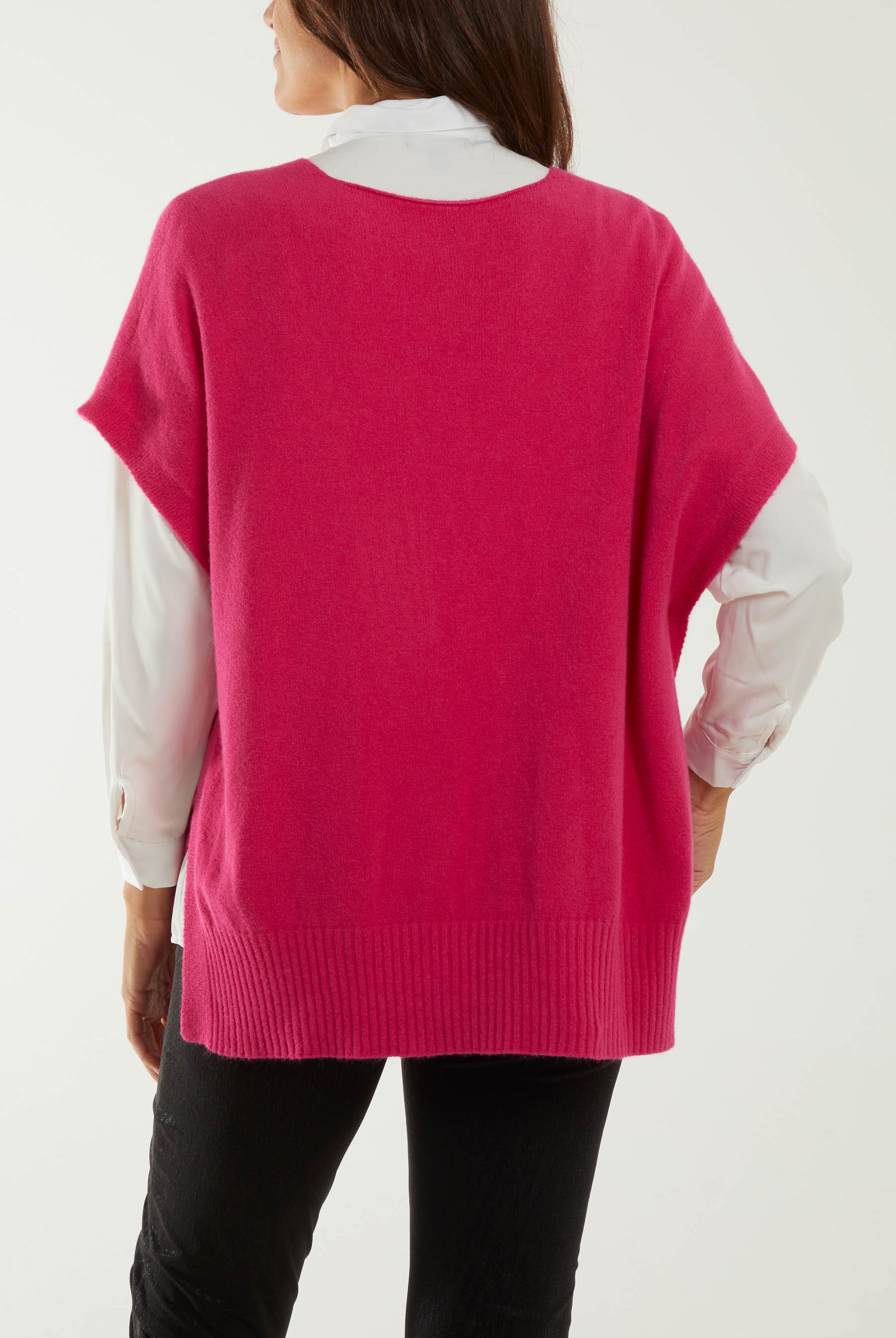 V-Neck Side Split Knit Vest Ponchos WearAll