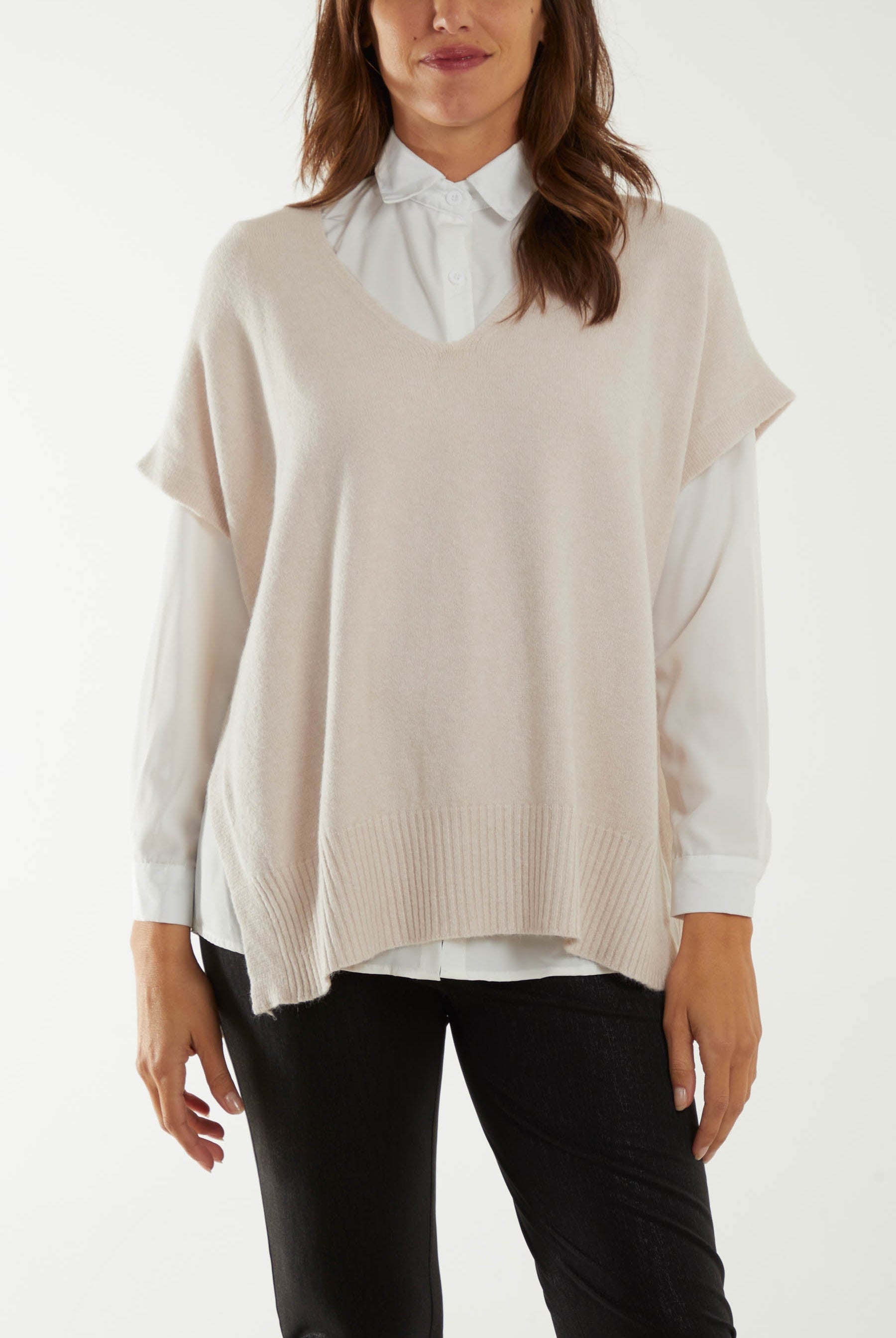 V-Neck Side Split Knit Vest Ponchos WearAll Beige One Size