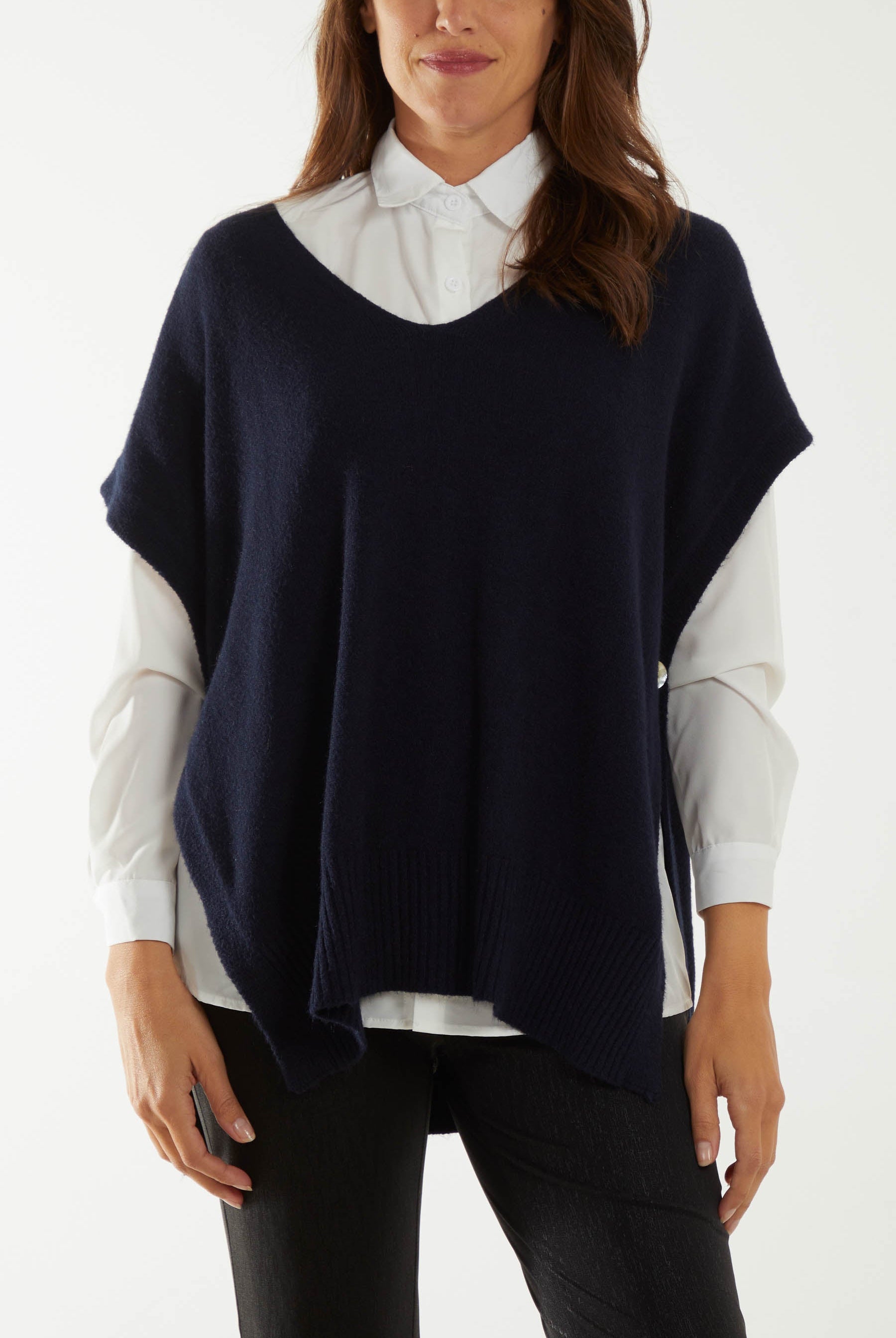 V-Neck Side Split Knit Vest Ponchos WearAll Navy One Size