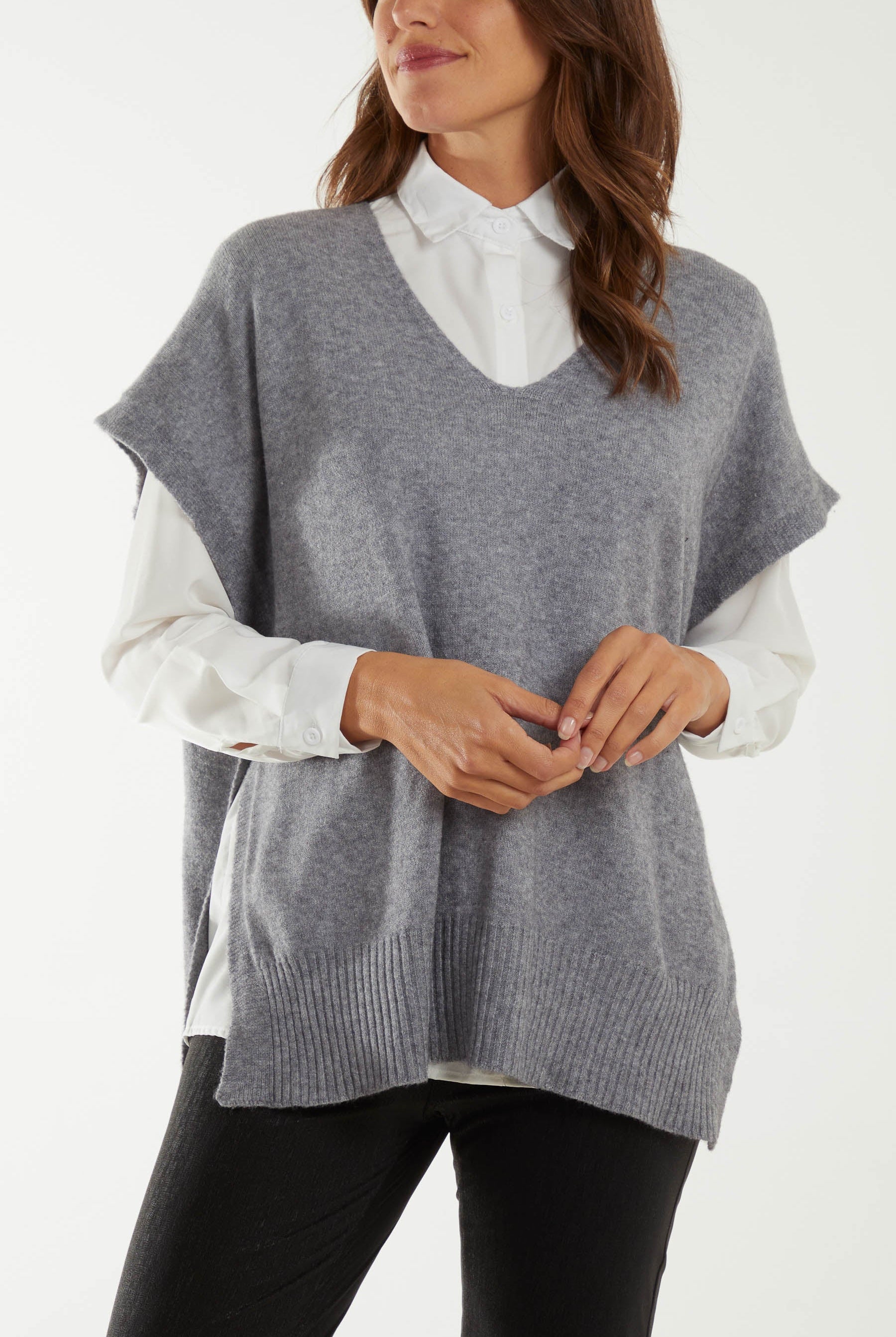 V-Neck Side Split Knit Vest Ponchos WearAll Grey One Size