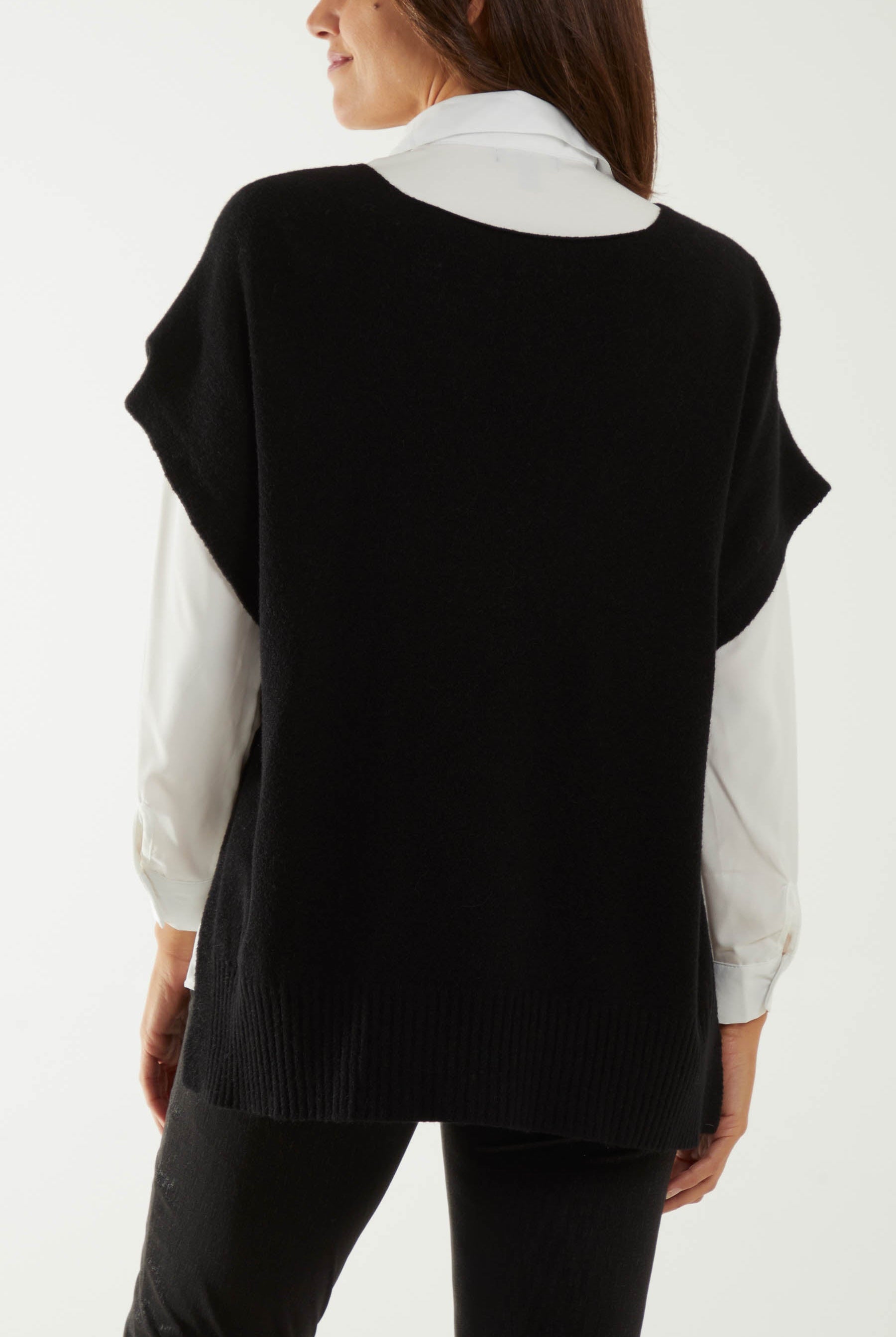 V-Neck Side Split Knit Vest Ponchos WearAll