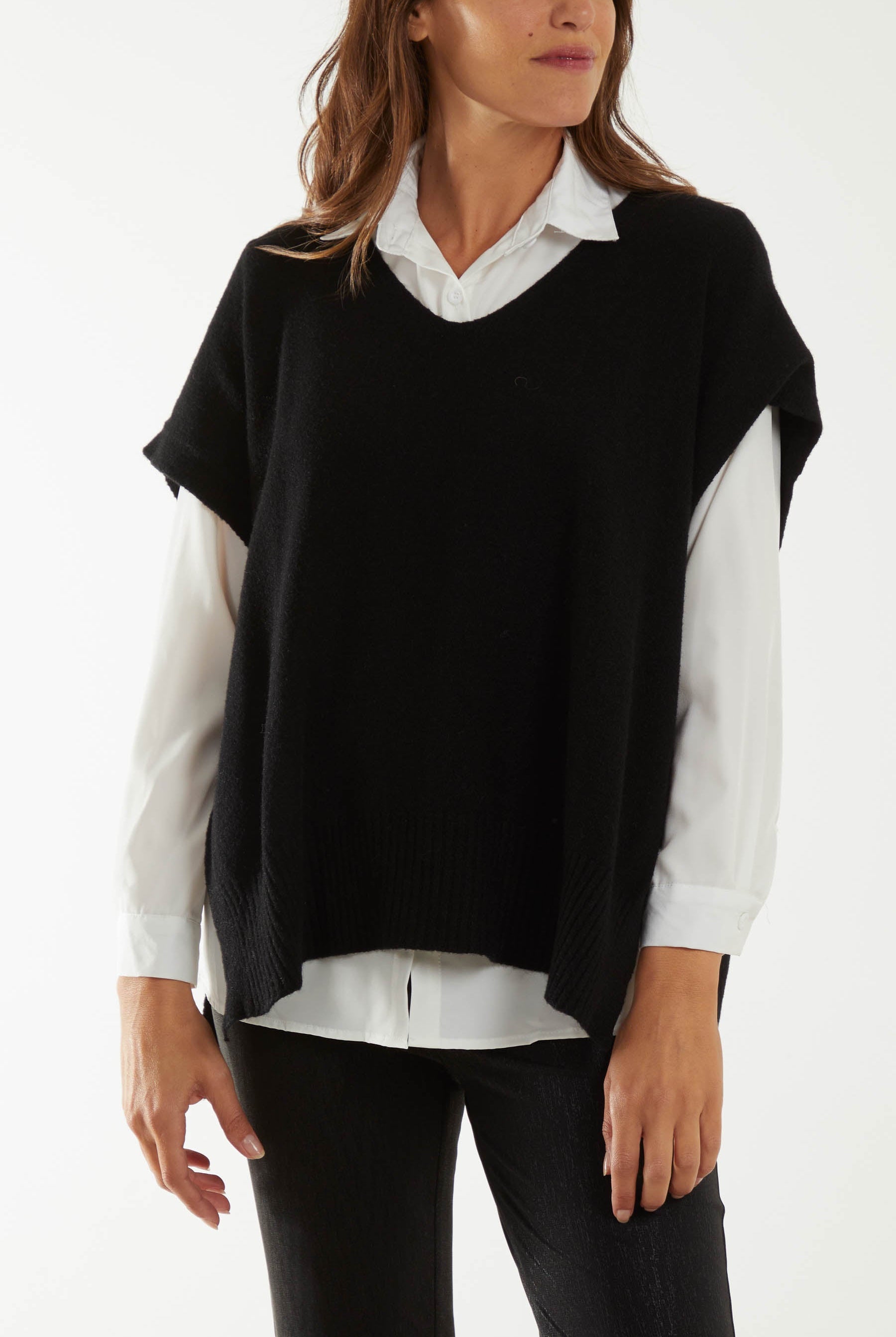 V-Neck Side Split Knit Vest Ponchos WearAll Black One Size