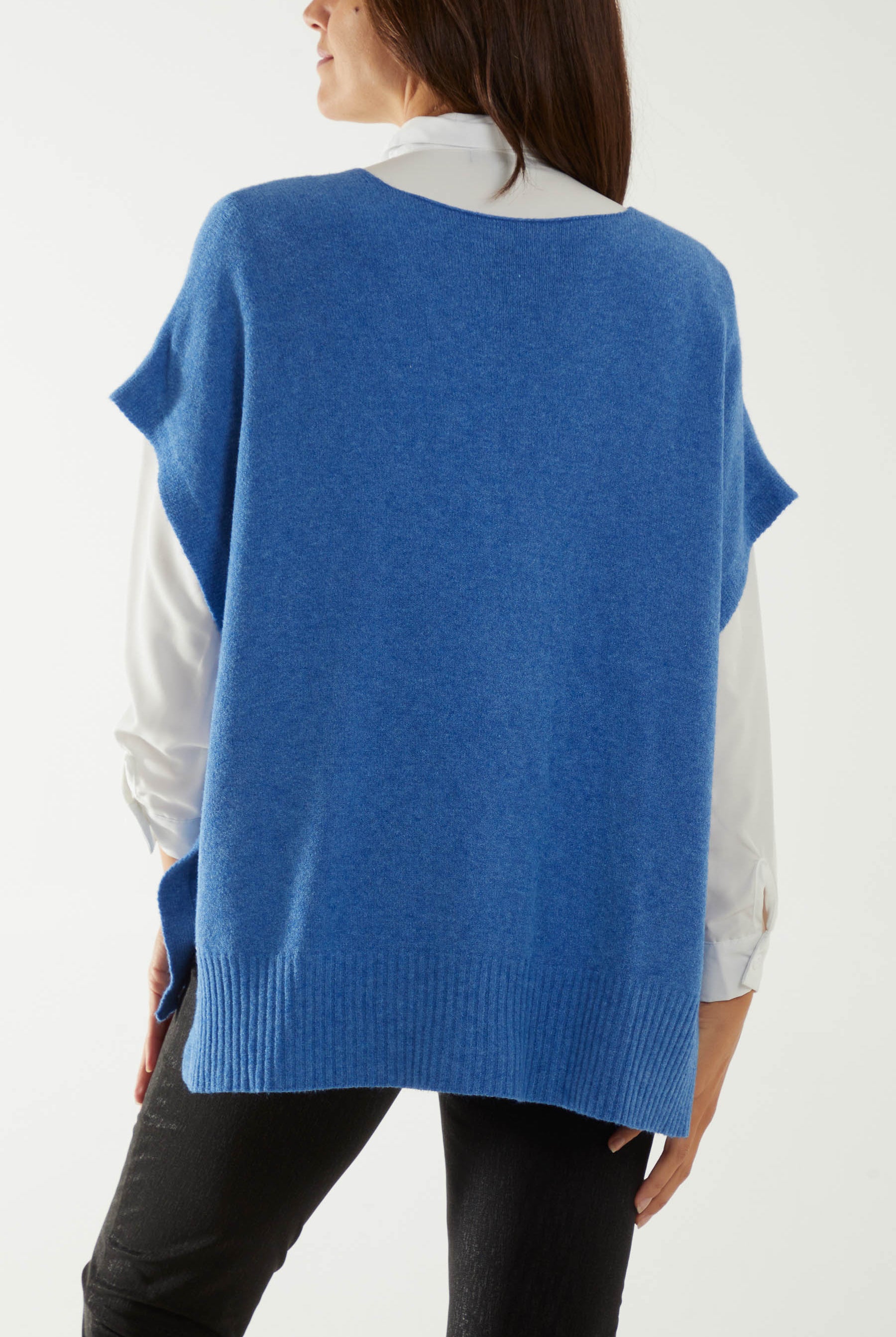 V-Neck Side Split Knit Vest Ponchos WearAll
