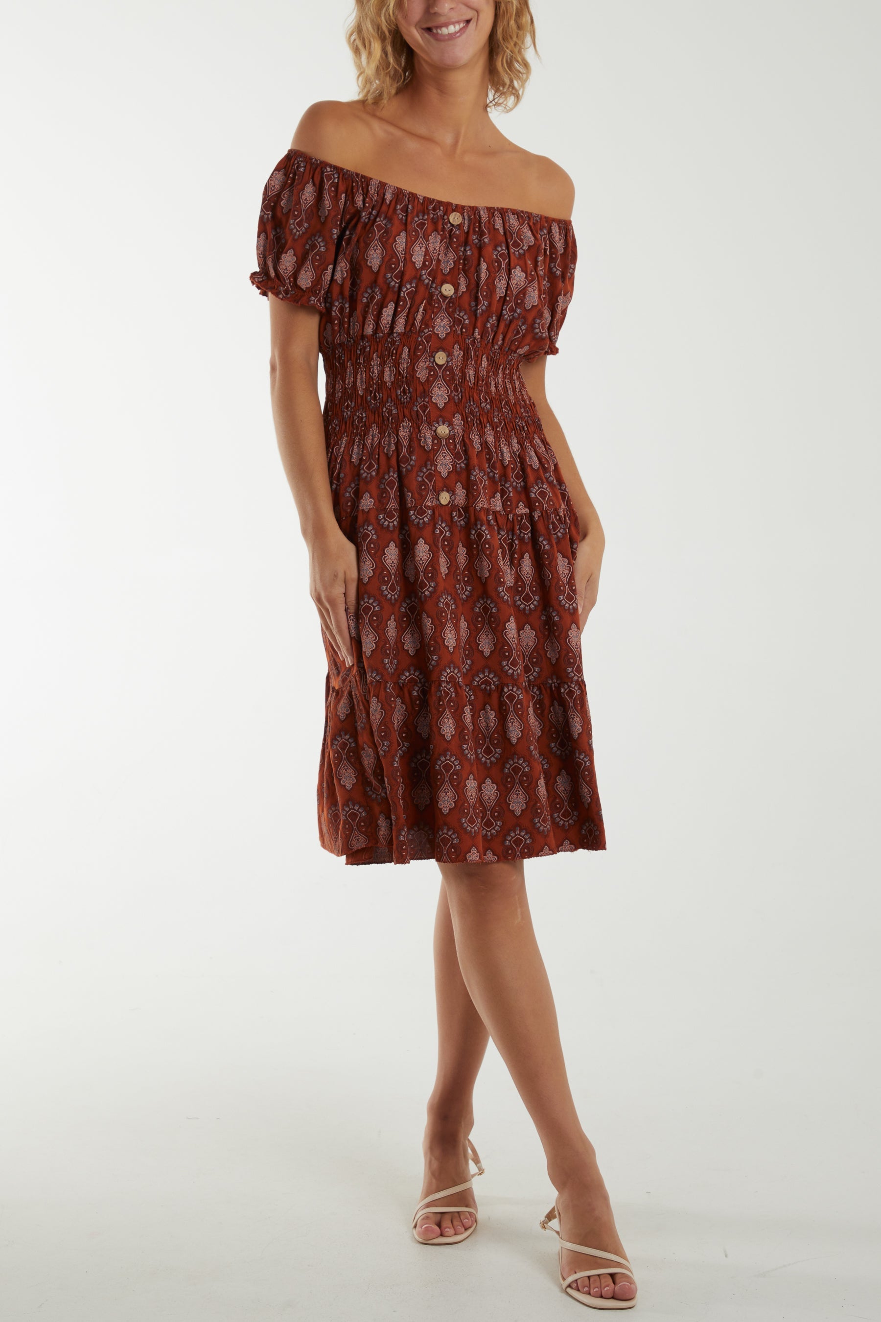 Bardot Moroccan Print Button Dress Dresses WearAll Rust One Size