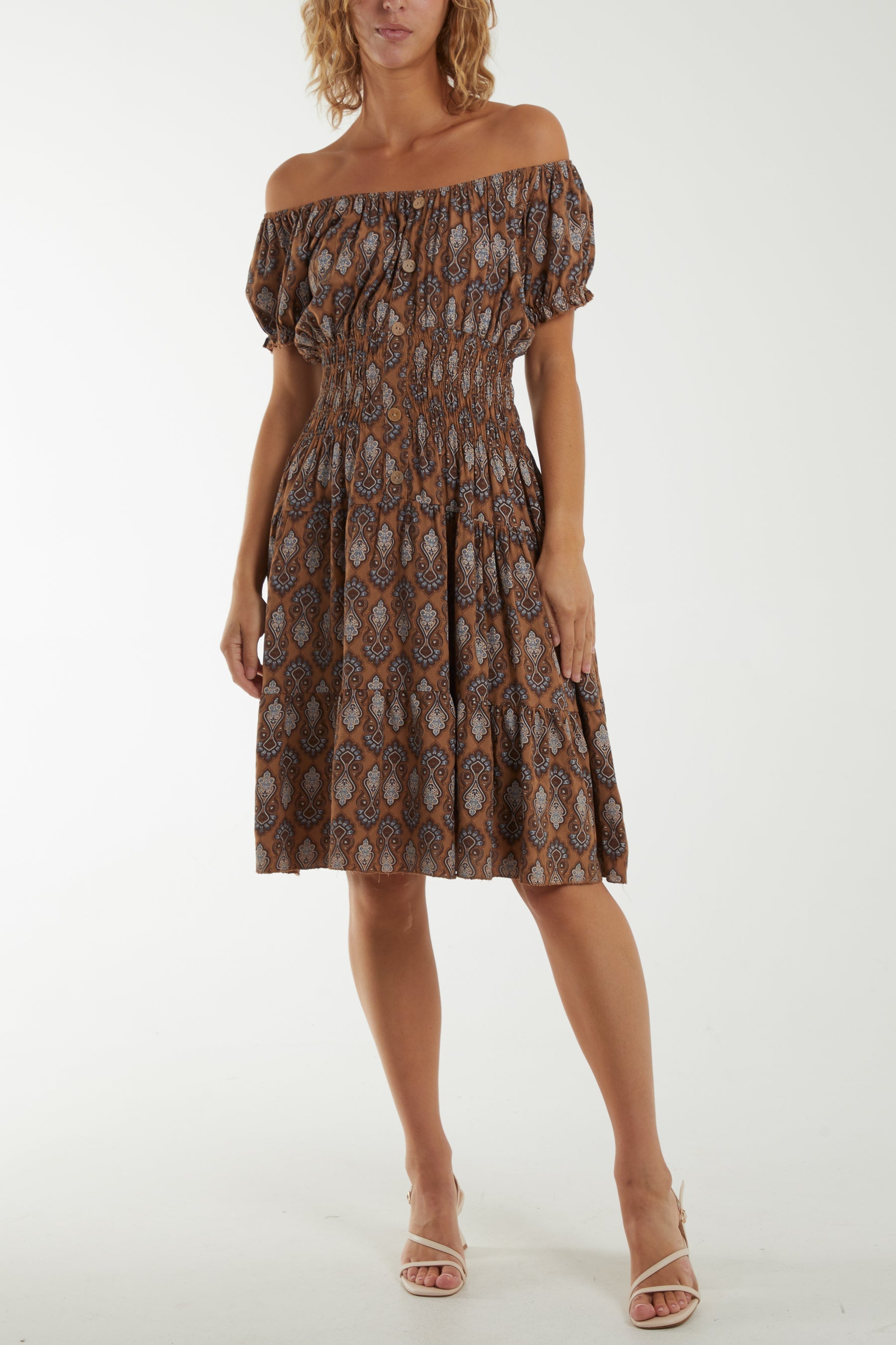 Bardot Moroccan Print Button Dress Dresses WearAll Camel One Size