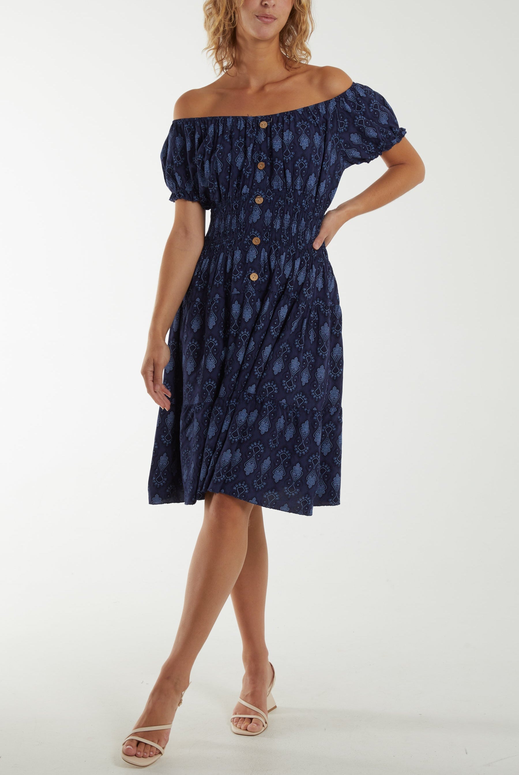 Bardot Moroccan Print Button Dress Dresses WearAll Navy One Size