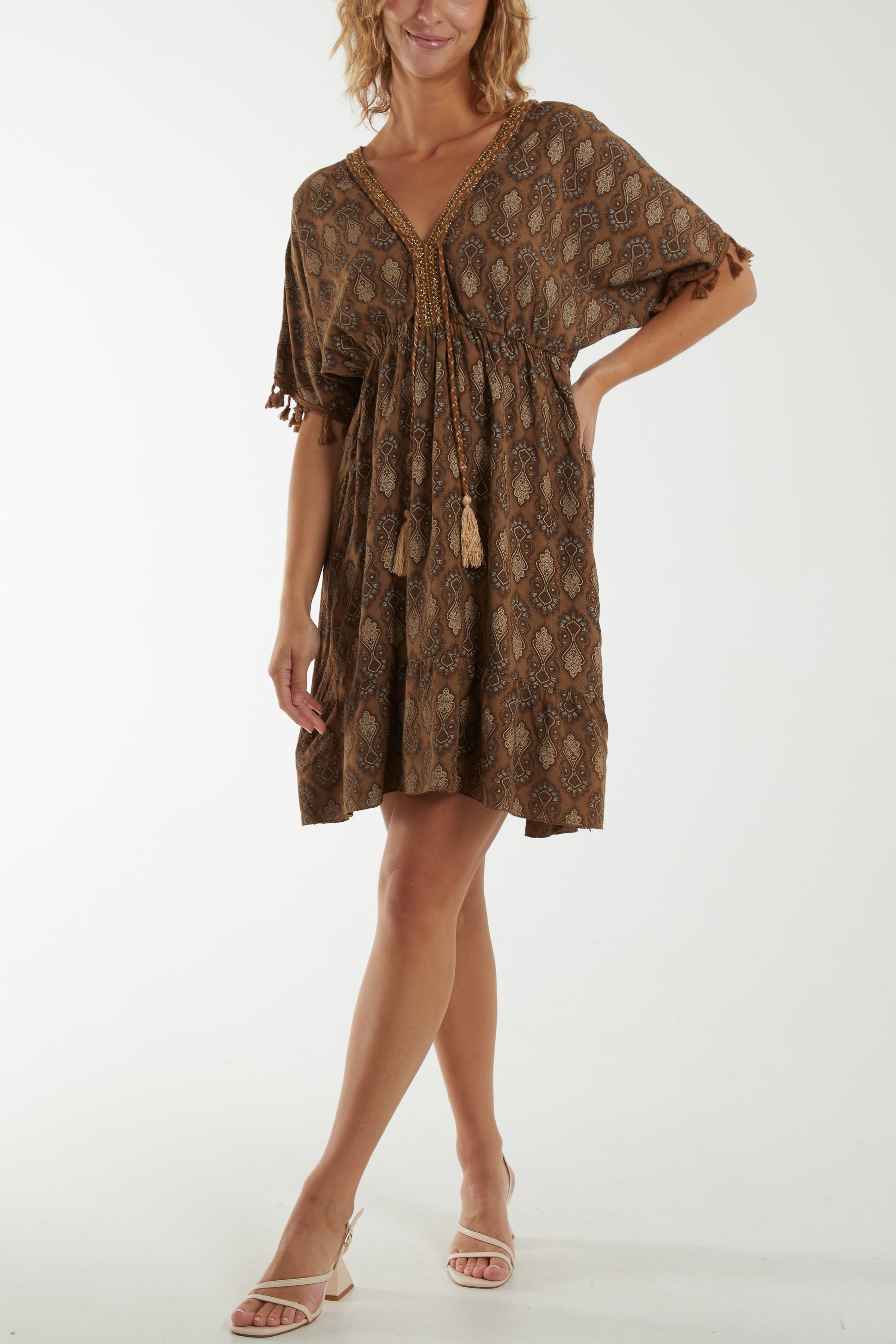 Morrocan Print Tassel Dress Dresses WearAll Camel One Size