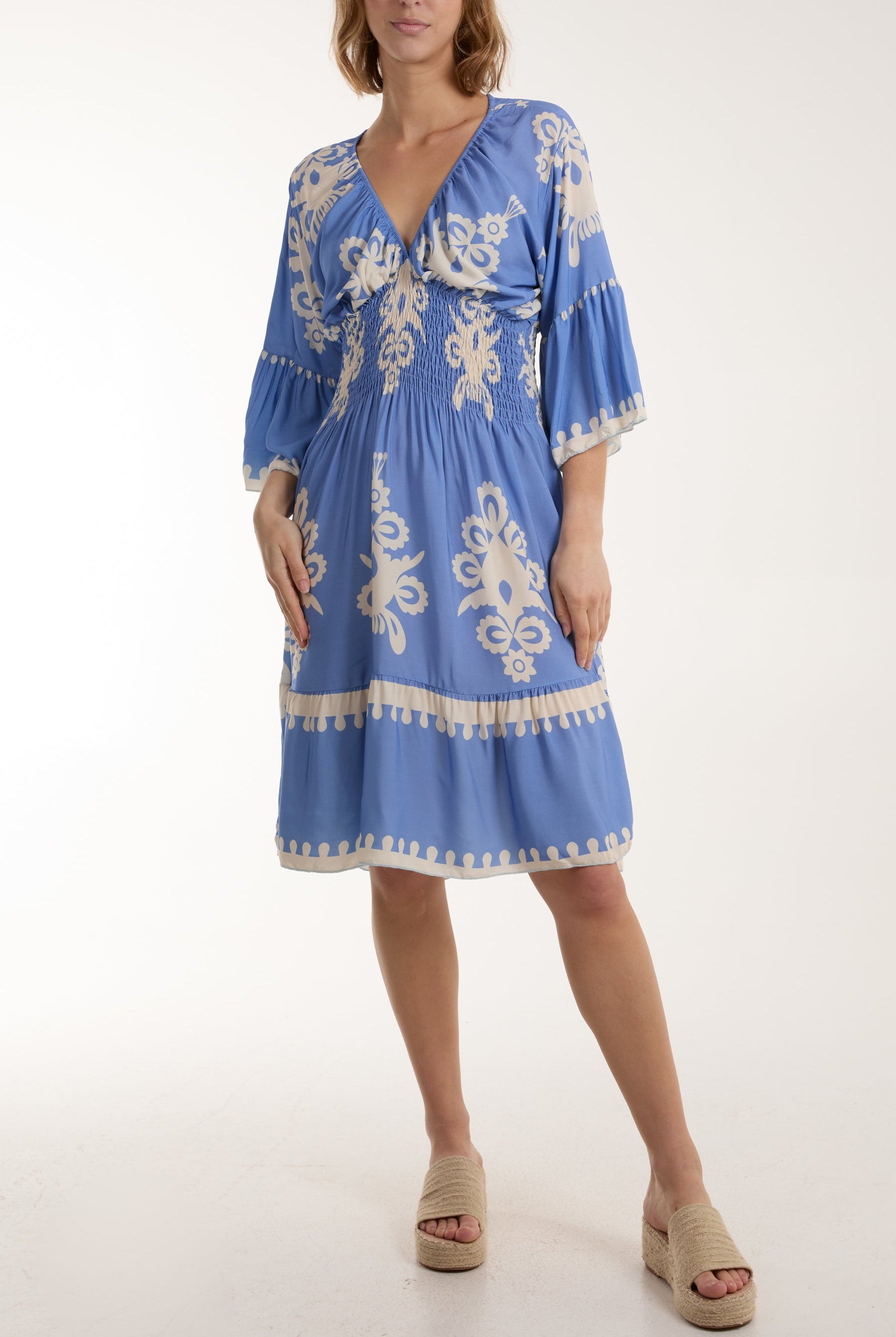 Shirred Bodice Printed Mini Dress Dresses WearAll Denim One Size