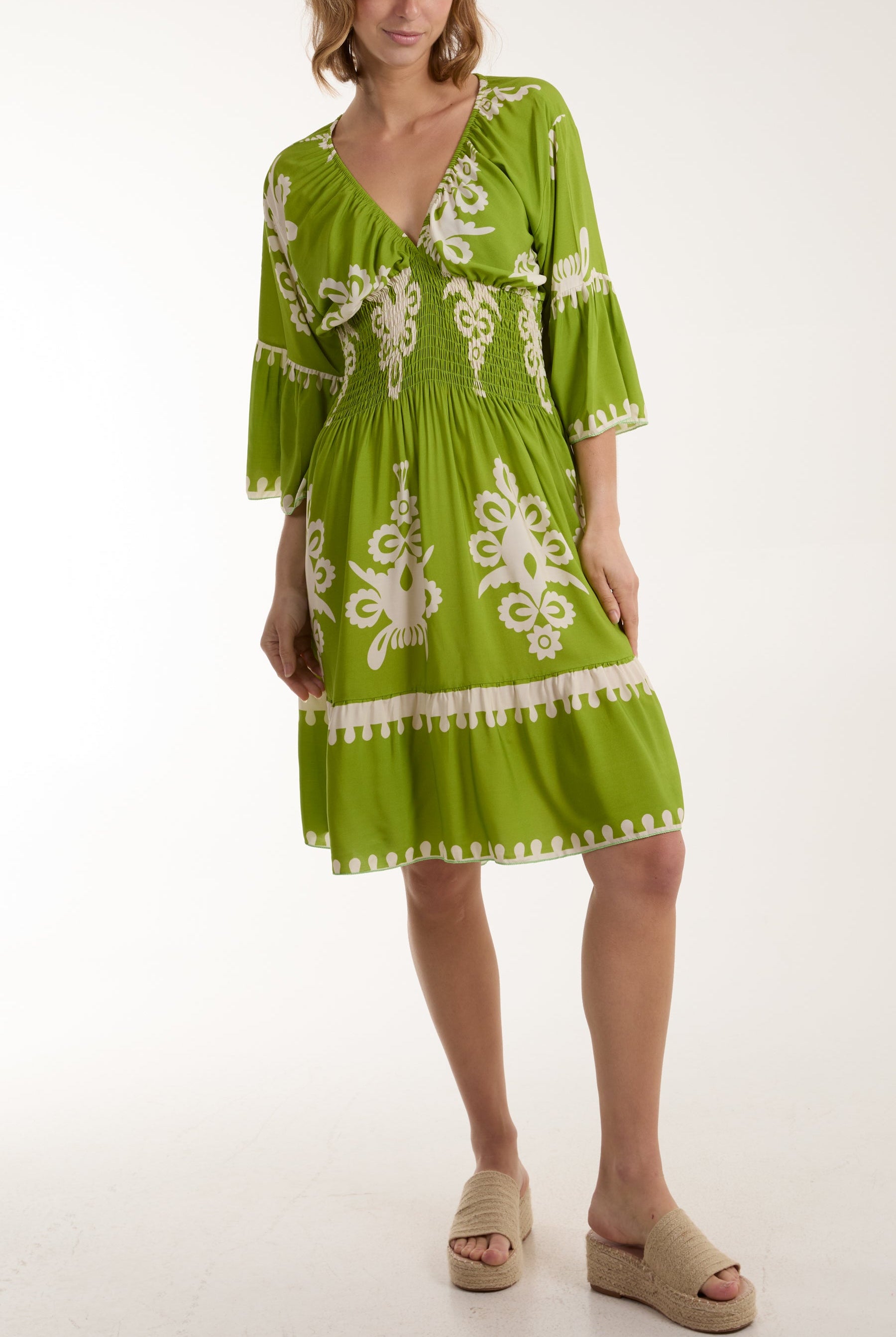 Shirred Bodice Printed Mini Dress Dresses WearAll Lime One Size