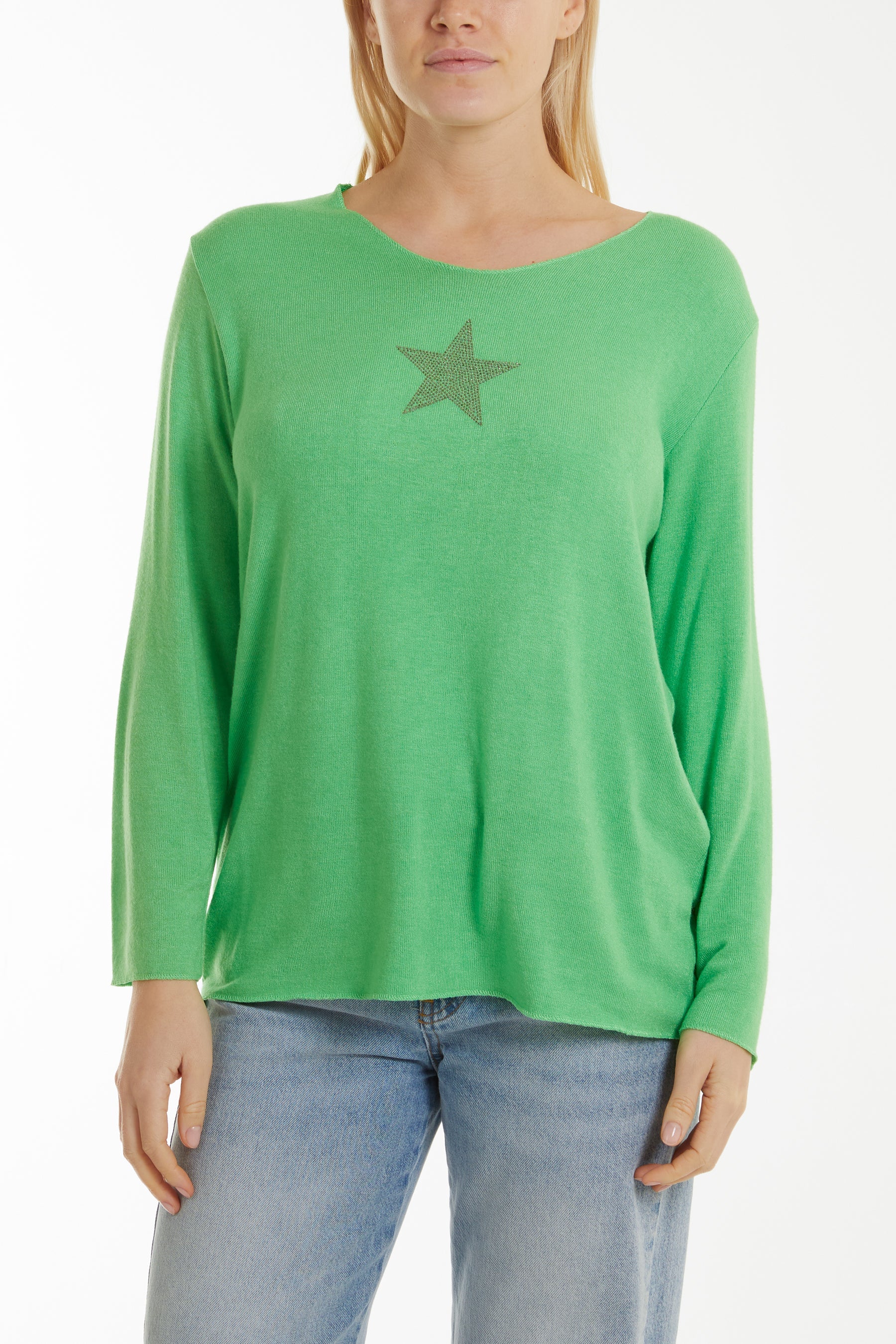 Diamante Star Long Sleeve Jumper Jumpers WearAll Apple Green One Size