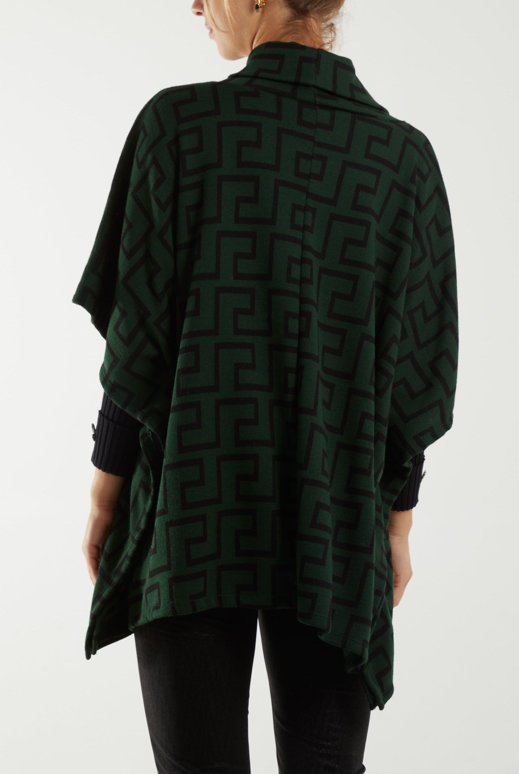 Roll Neck Geometric Pattern Poncho Ponchos WearAll