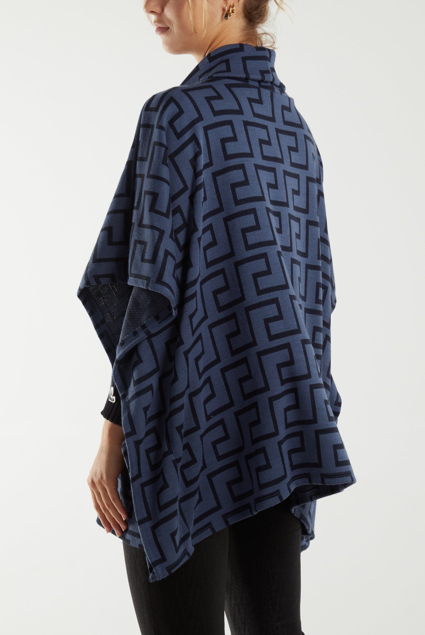 Roll Neck Geometric Pattern Poncho Ponchos WearAll