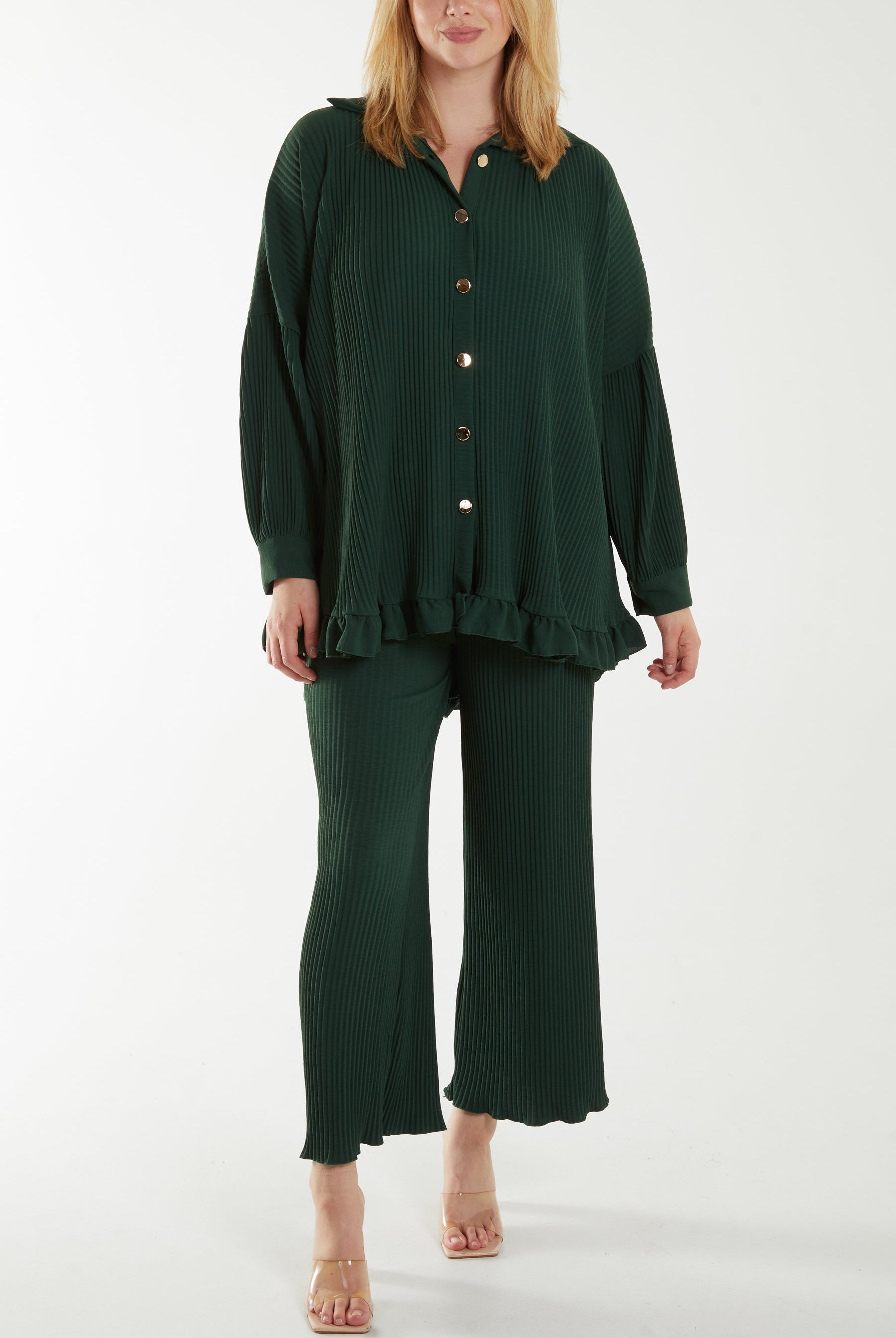 Plisse Shirt & Trouser Co-Ord Set Co-Ords WearAll Bottle Green One Size