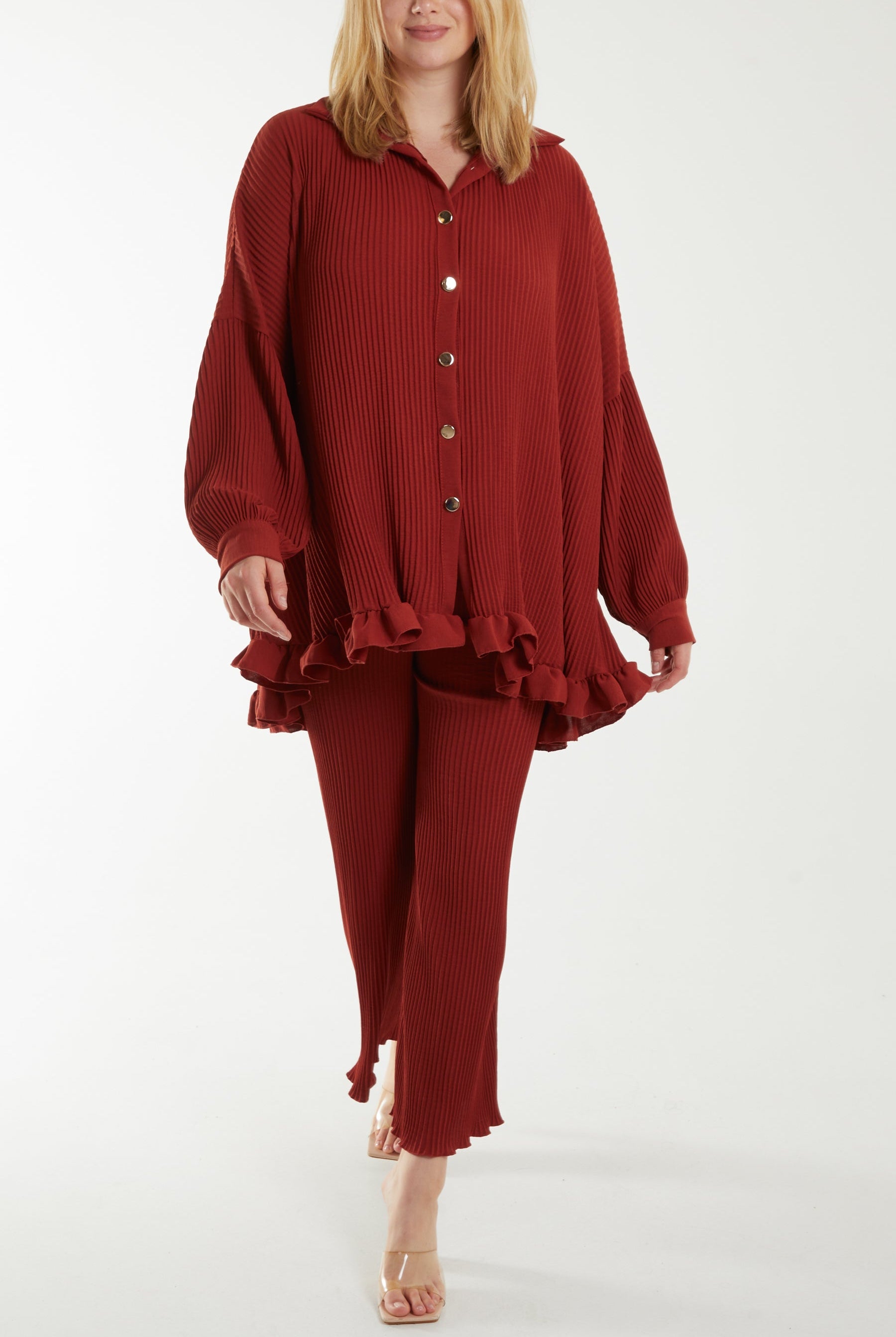 Plisse Shirt & Trouser Co-Ord Set Co-Ords WearAll Rust One Size