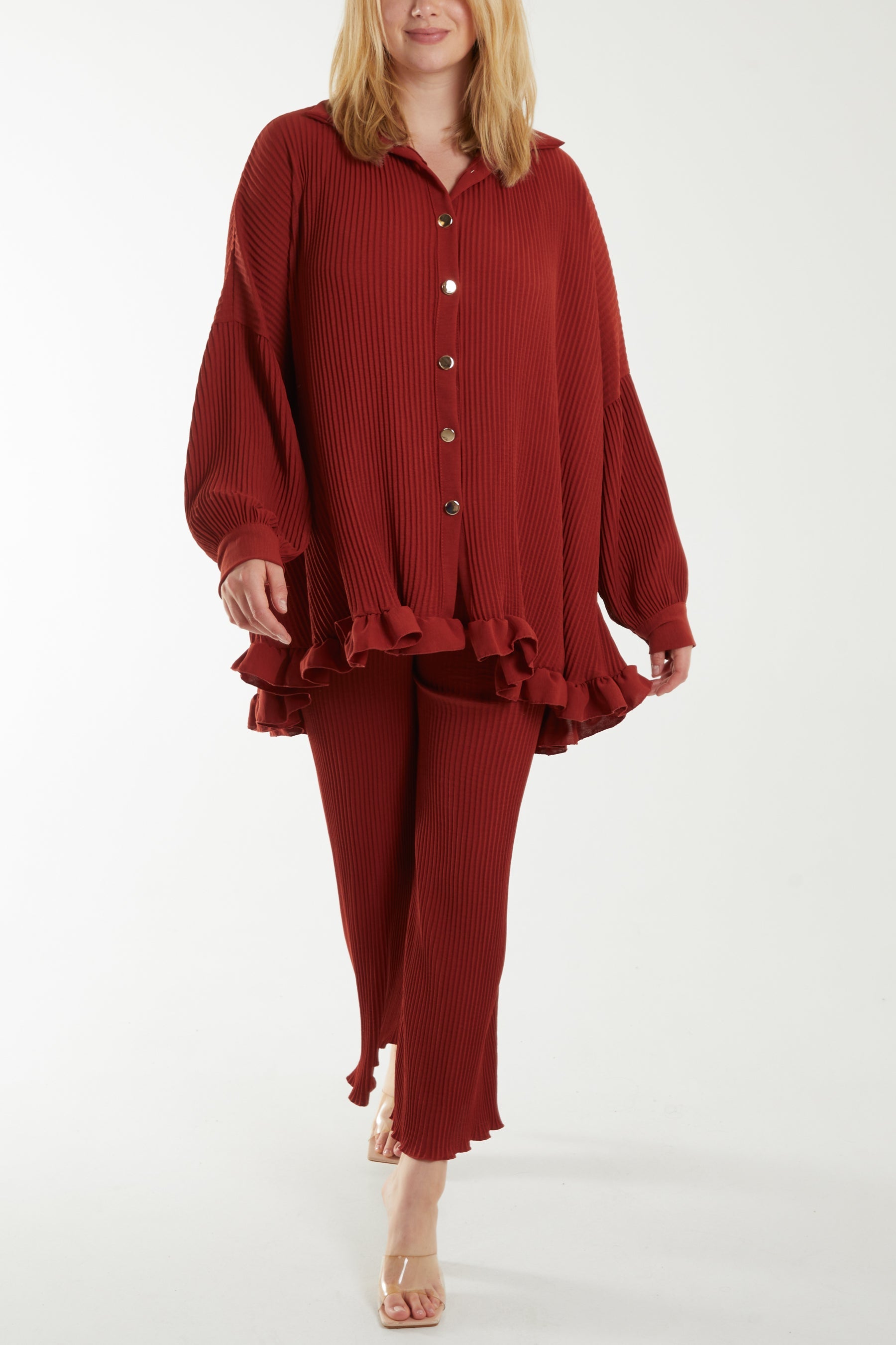 Plisse Shirt & Trouser Co-Ord Set Co-Ords WearAll Rust One Size