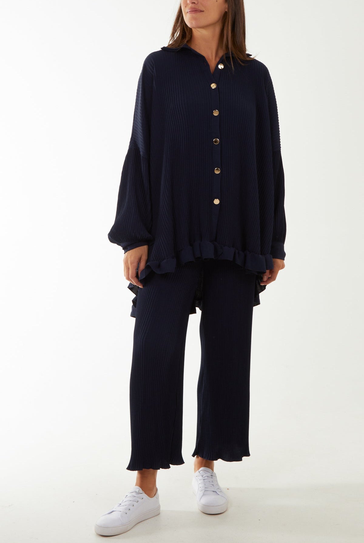 Plisse Shirt & Trouser Co-Ord Set Co-Ords WearAll Navy One Size