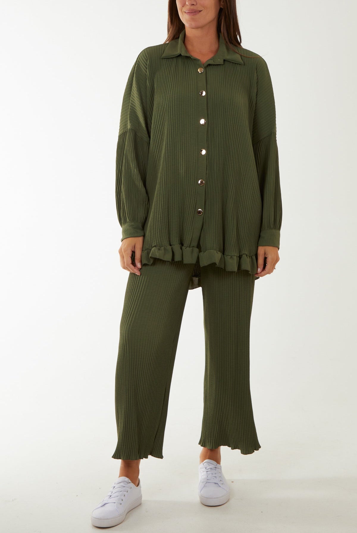 Plisse Shirt & Trouser Co-Ord Set Co-Ords WearAll Khaki One Size