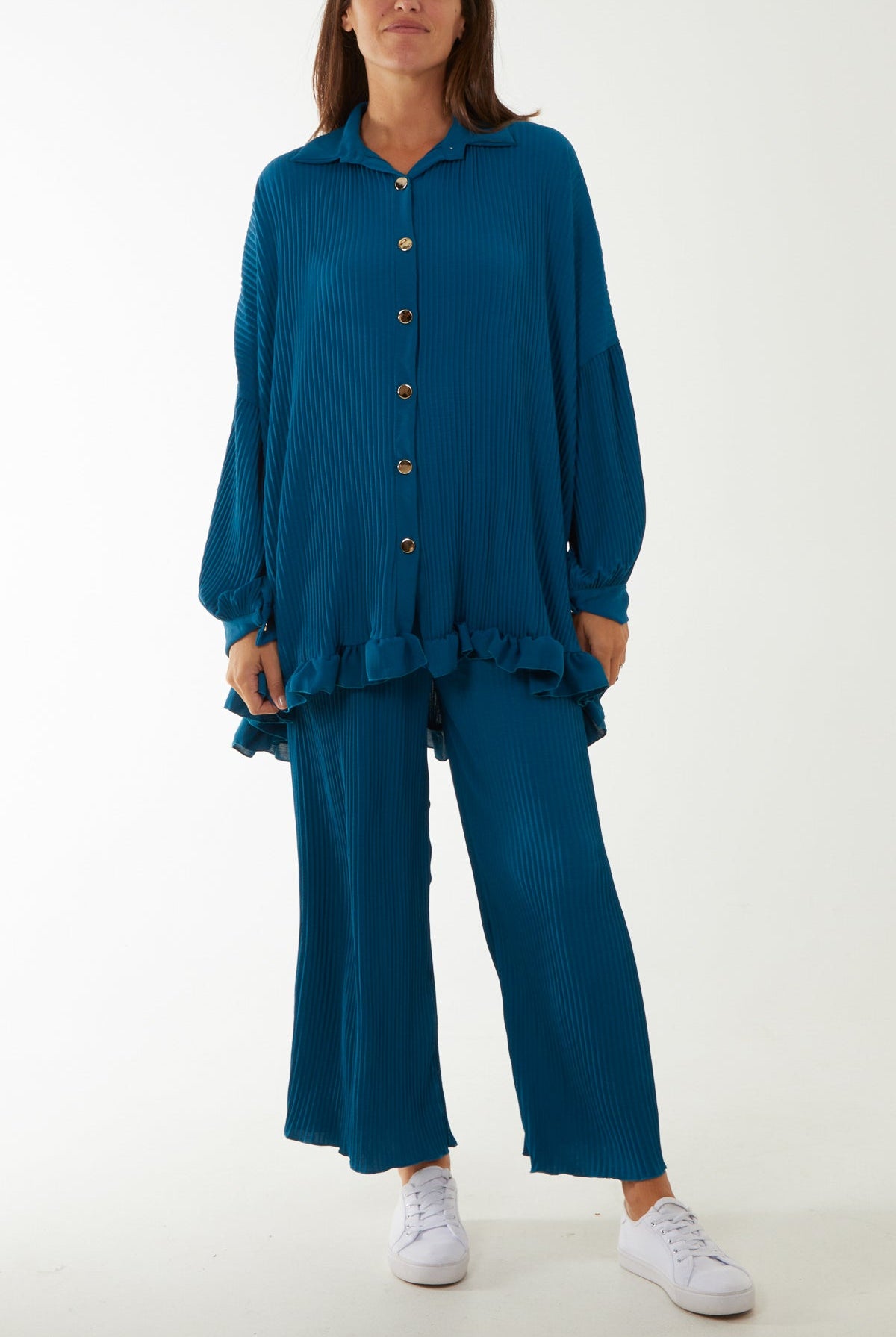 Plisse Shirt & Trouser Co-Ord Set Co-Ords WearAll Teal One Size
