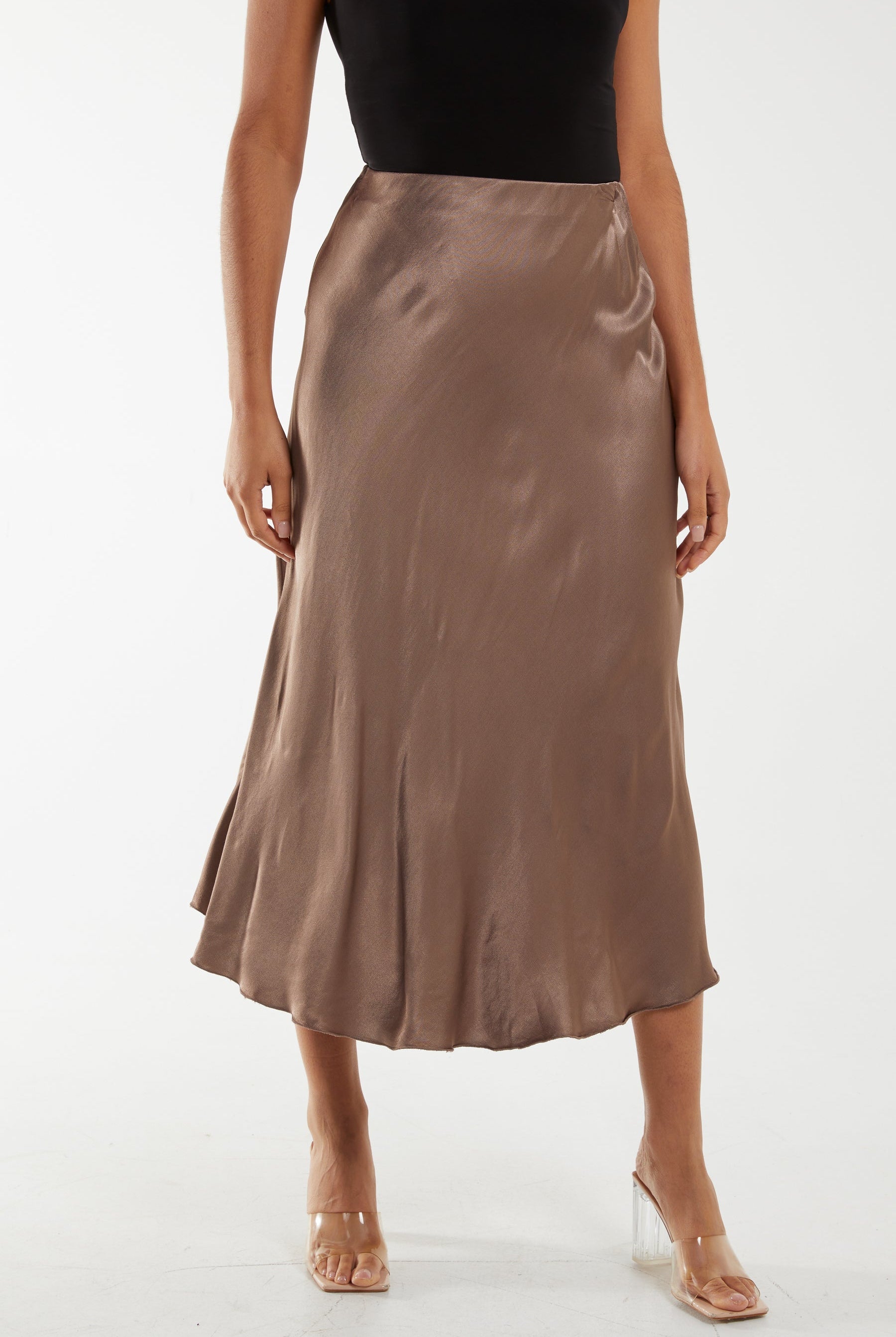 Waistband Satin Midi Skirt Skirts WearAll Mocha One Size