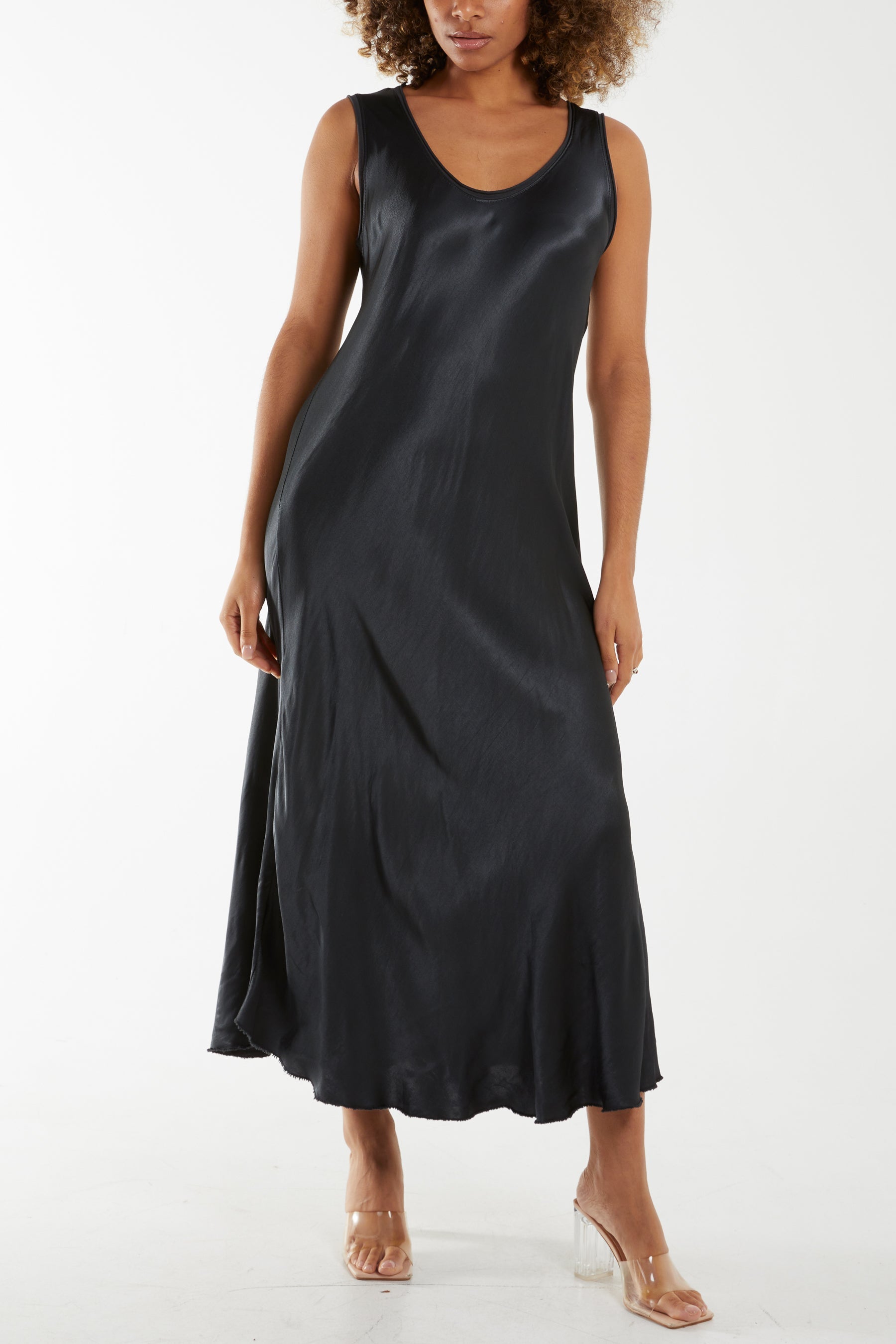 Satin Bias Cut V Neck Maxi Dress Dresses WearAll Charcoal One Size