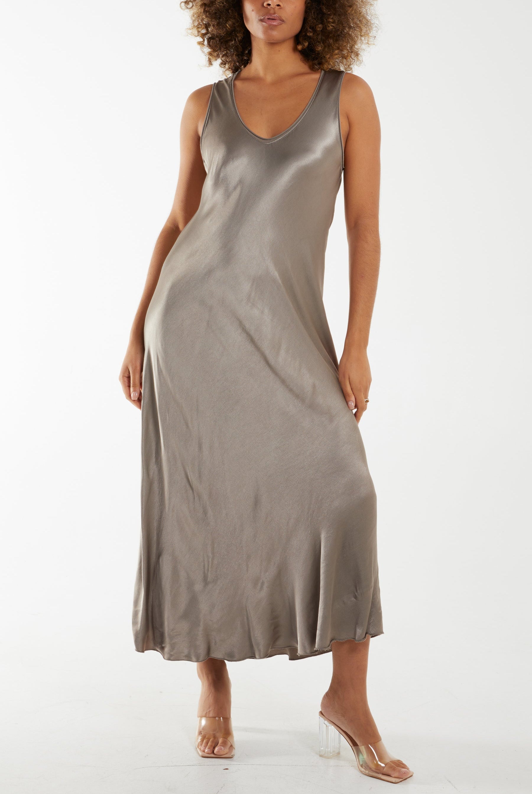 Satin Bias Cut V Neck Maxi Dress Dresses WearAll Mocha One Size