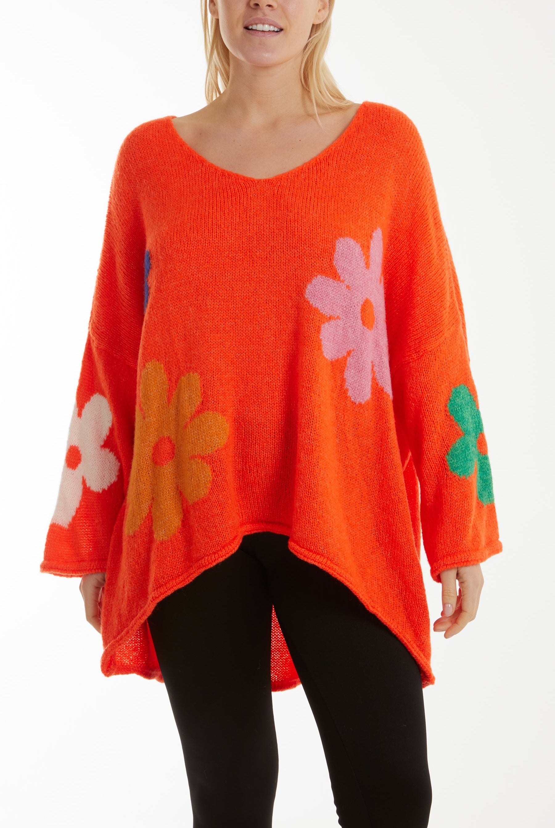 Multi Coloured Flower Jumper Jumpers WearAll Orange One Size