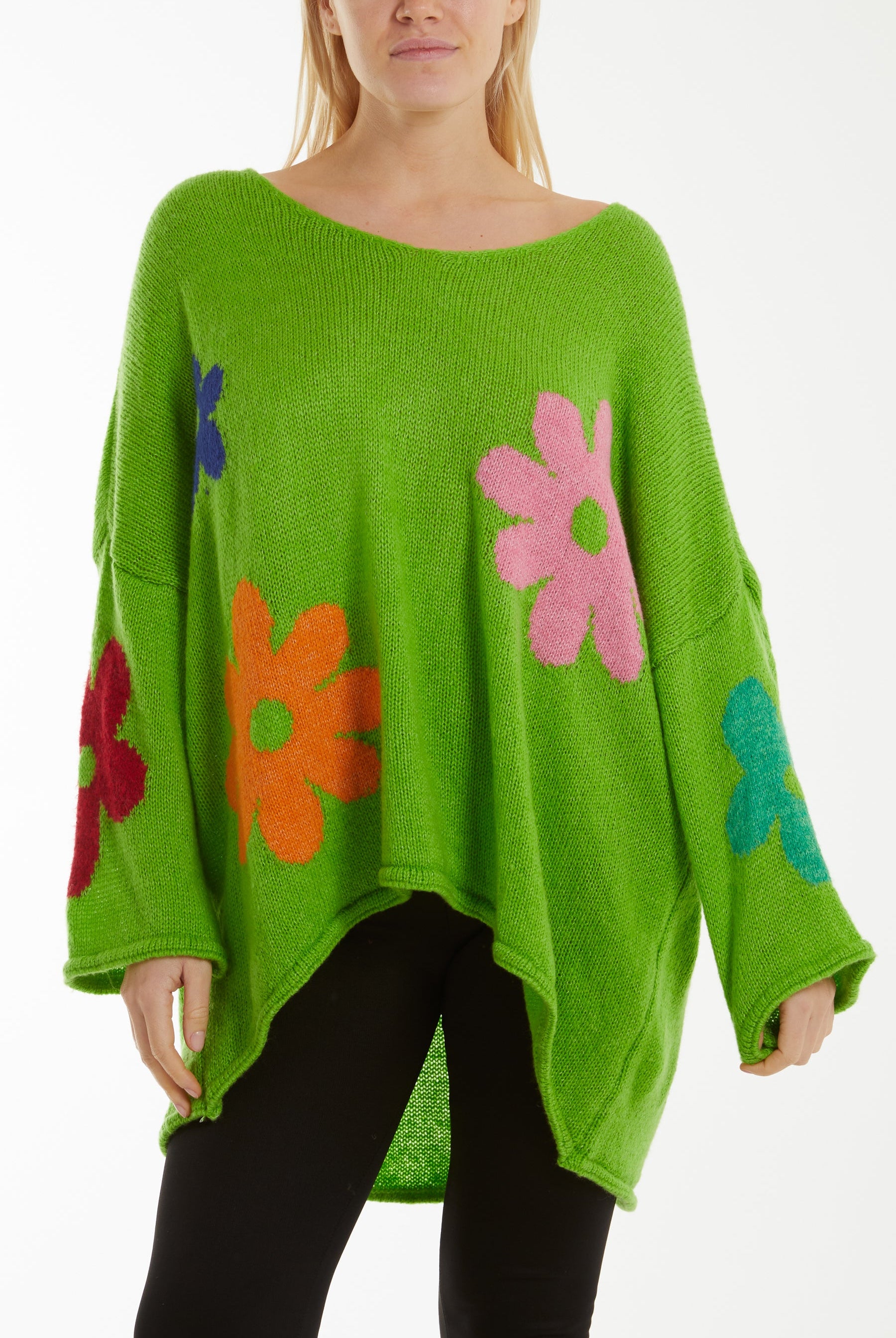 Multi Coloured Flower Jumper Jumpers WearAll Apple Green One Size