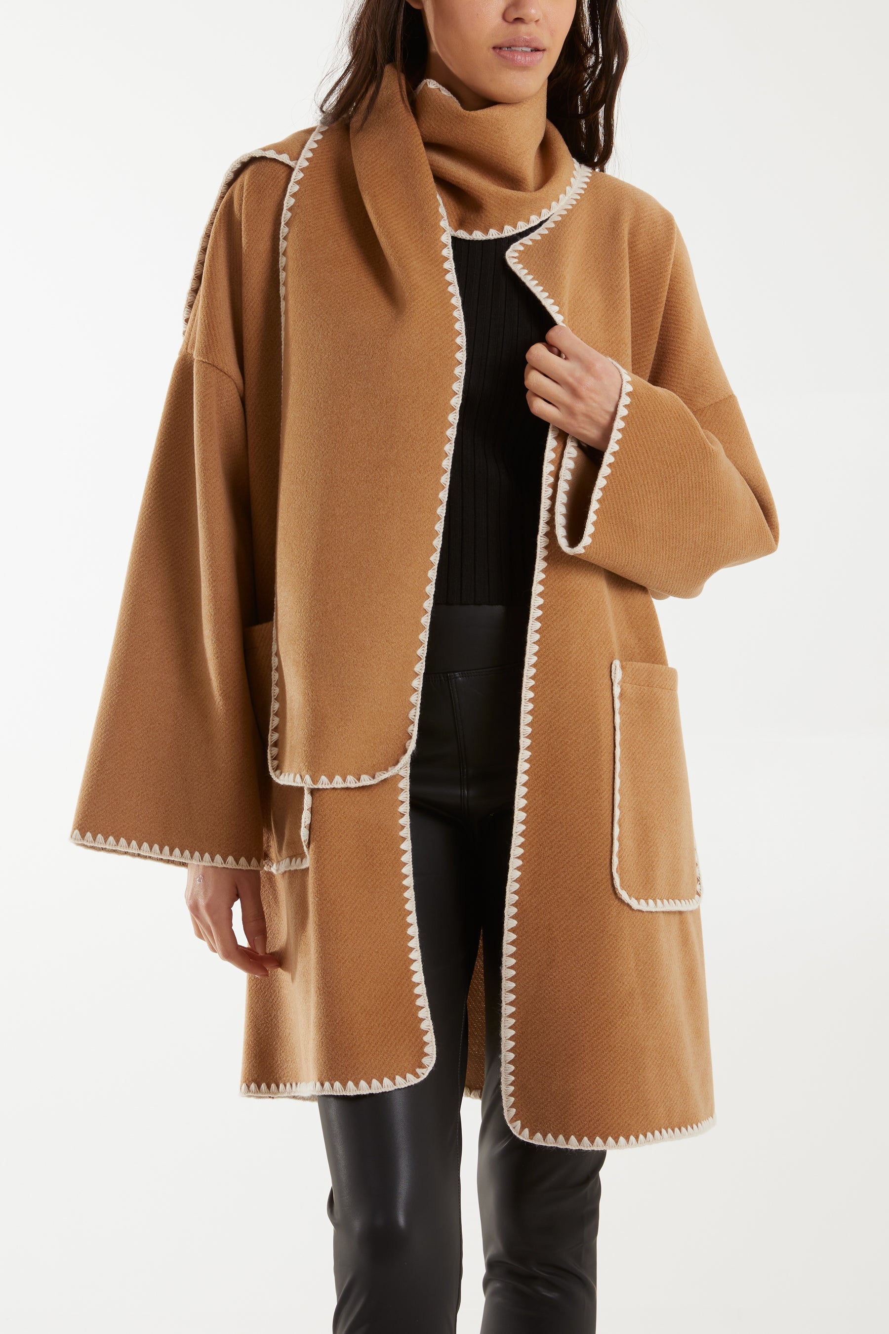 Stitched Hem Jacket with Matching Scarf Jackets WearAll Camel One Size