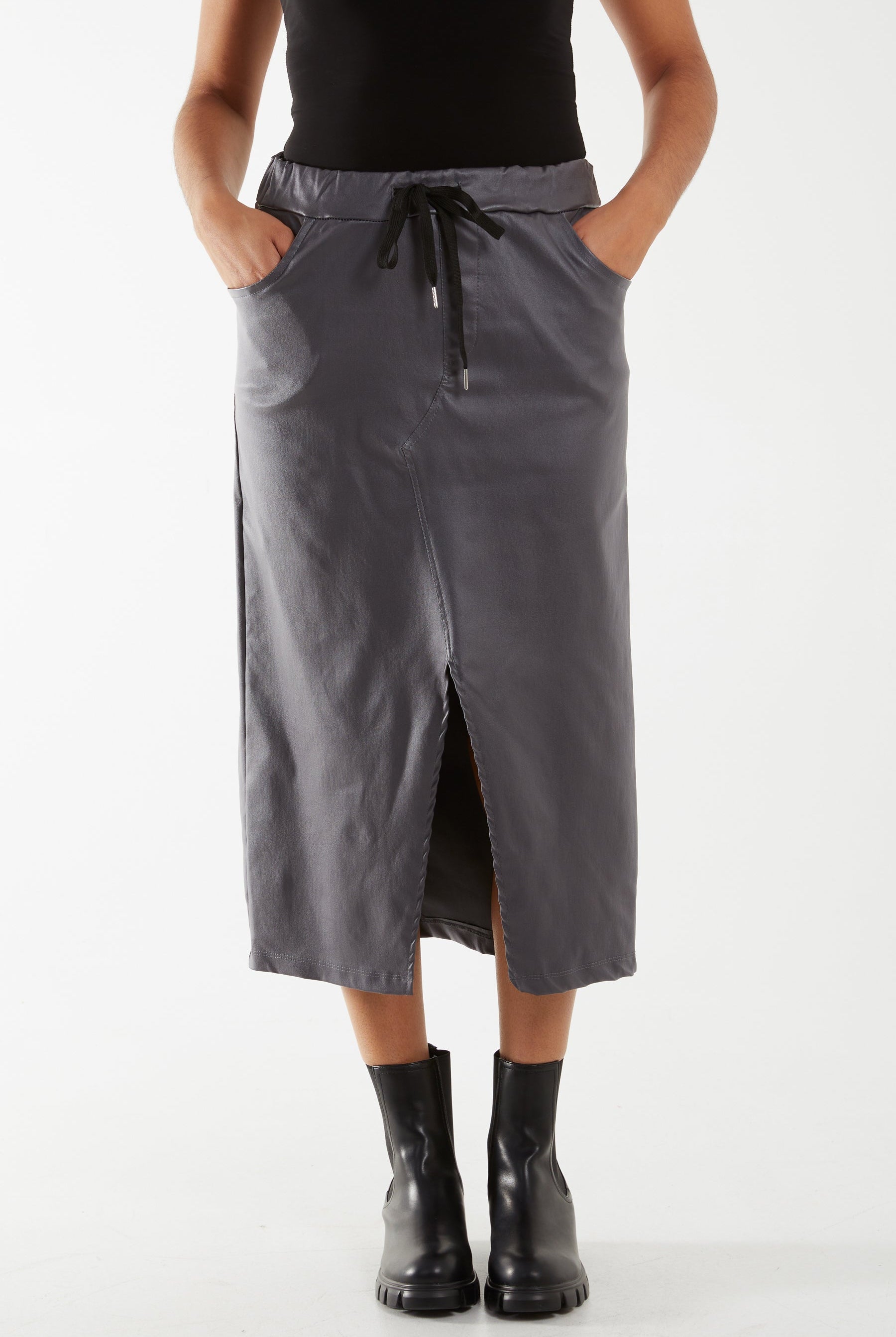 Magic String PU Coated Midi Skirt Skirts WearAll Charcoal One Size