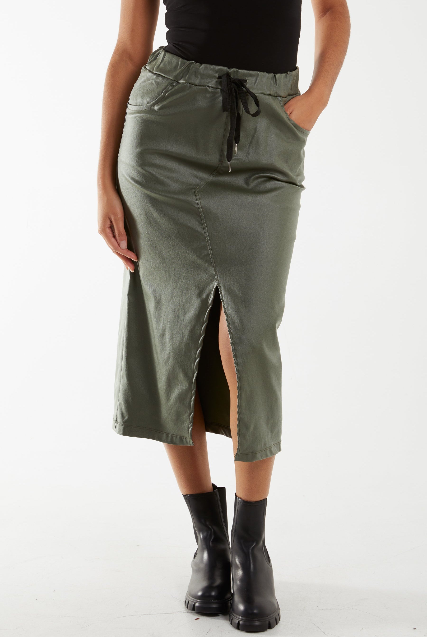 Magic String PU Coated Midi Skirt Skirts WearAll Khaki One Size