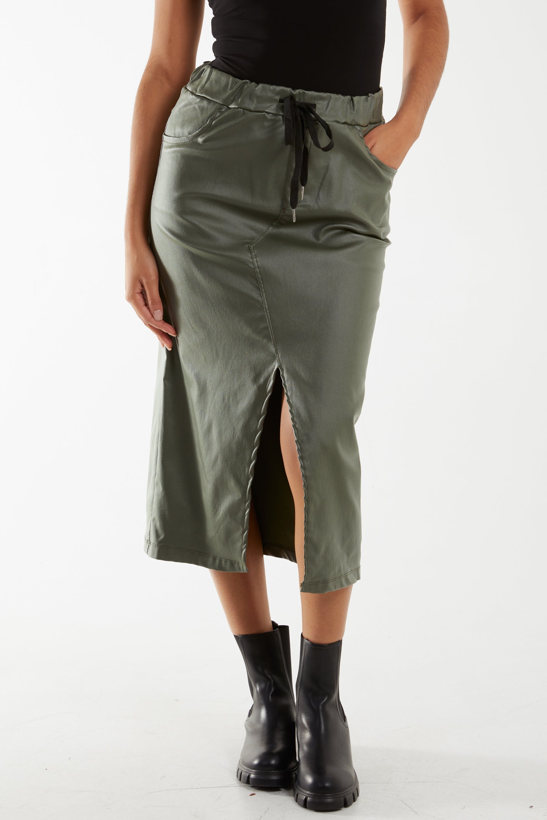 Magic String PU Coated Midi Skirt Skirts WearAll Khaki One Size