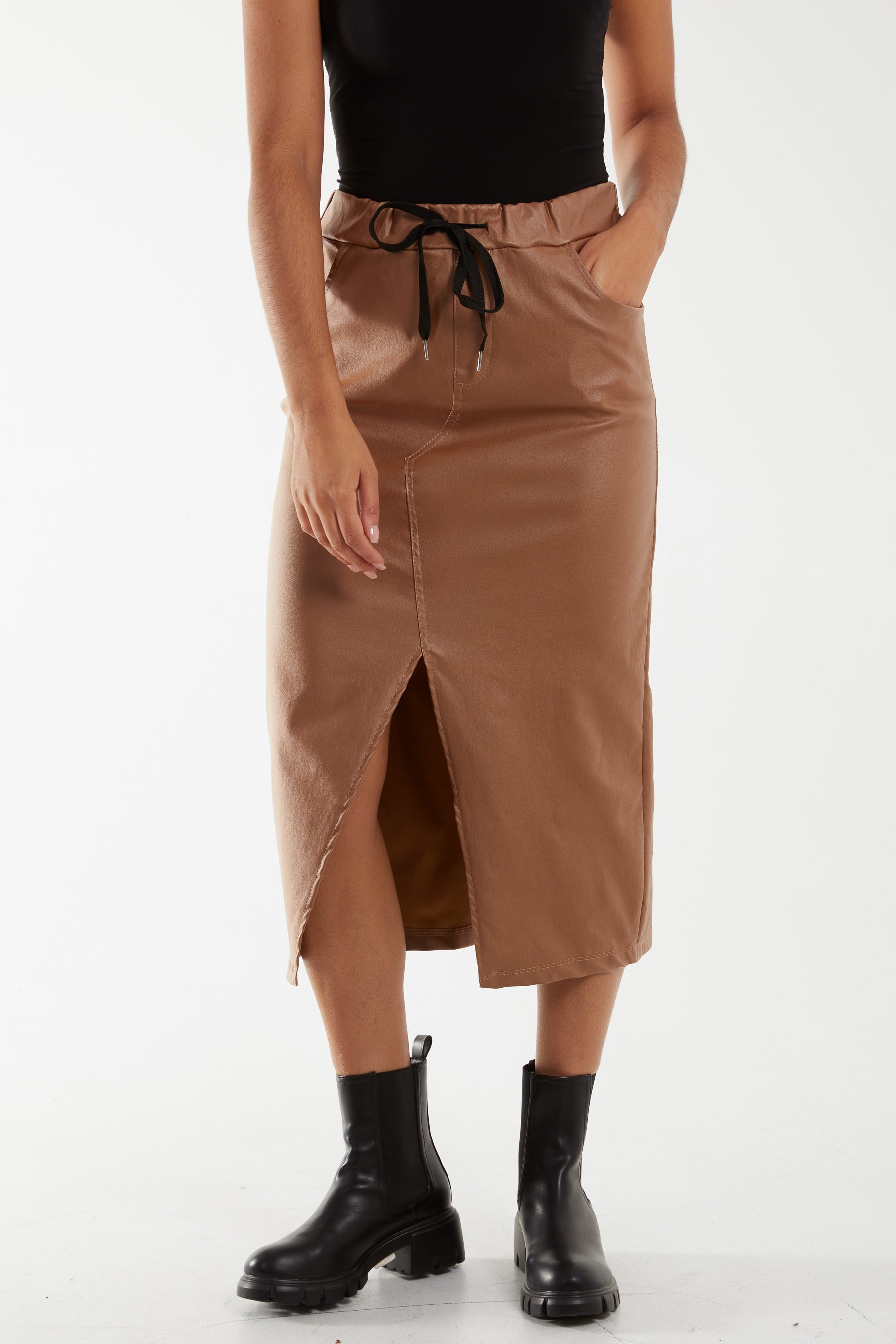 Magic String PU Coated Midi Skirt Skirts WearAll Tan One Size