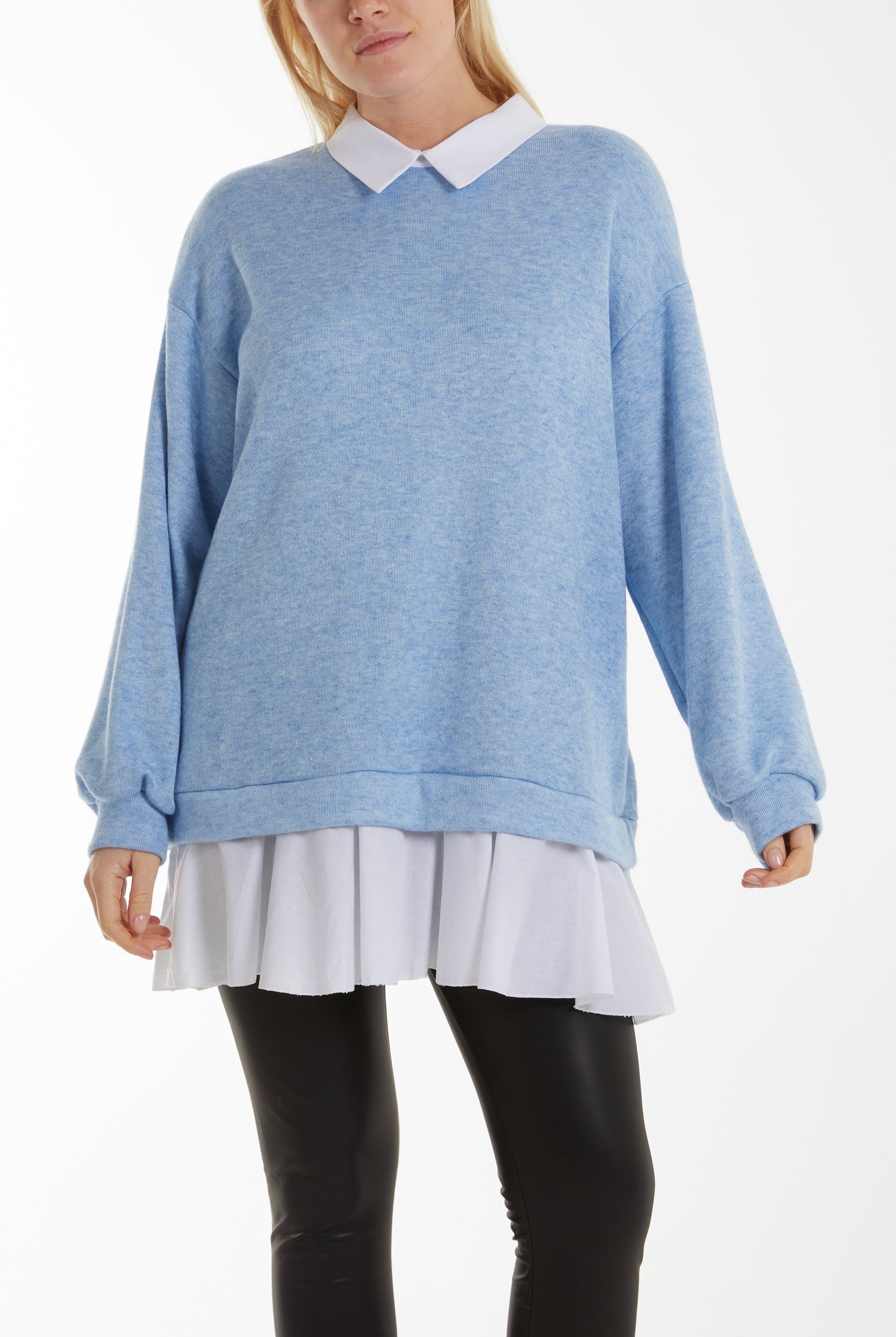 Two In One Knitted Collar Top Jumpers WearAll Light Blue One Size