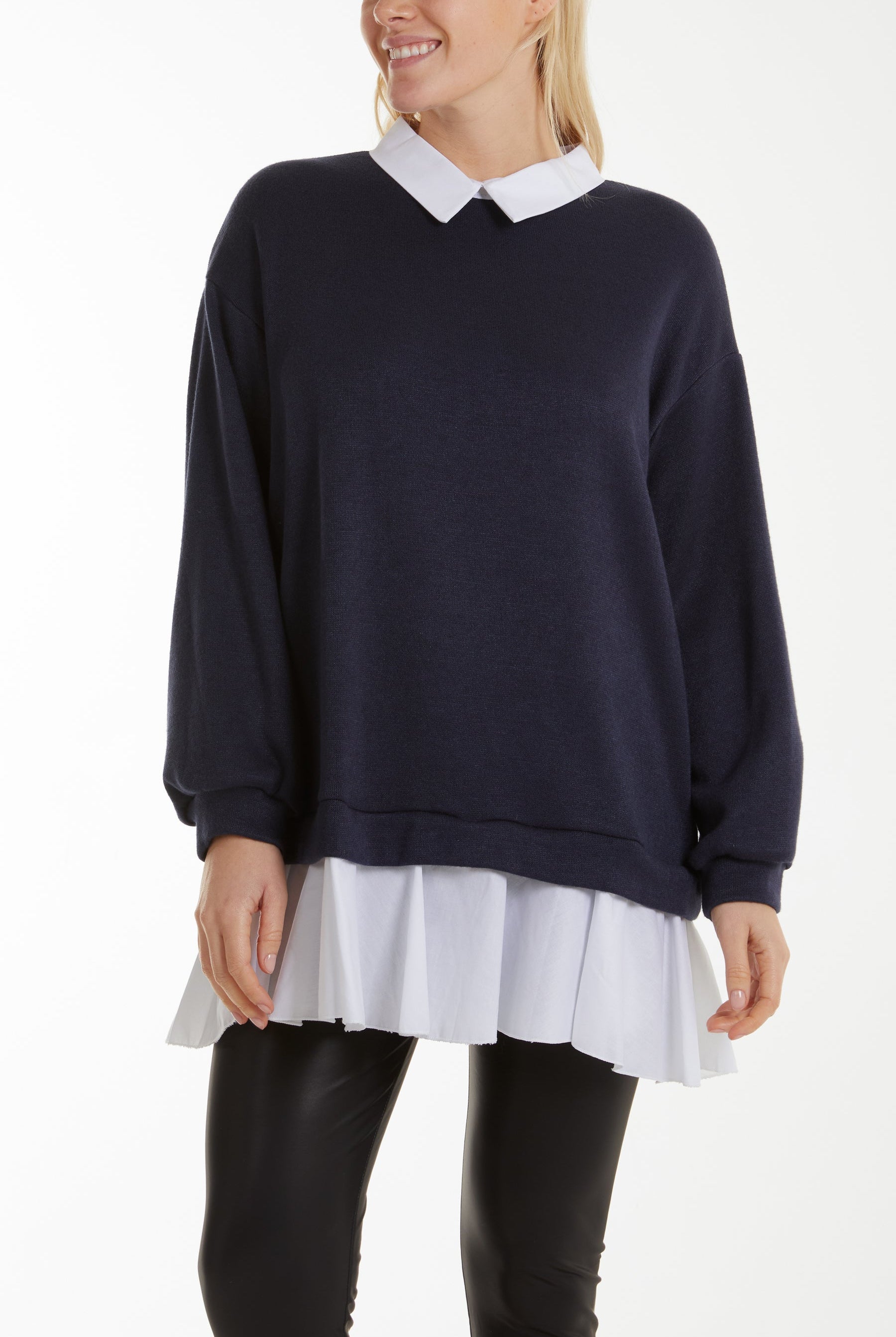 Two In One Knitted Collar Top Jumpers WearAll Navy One Size