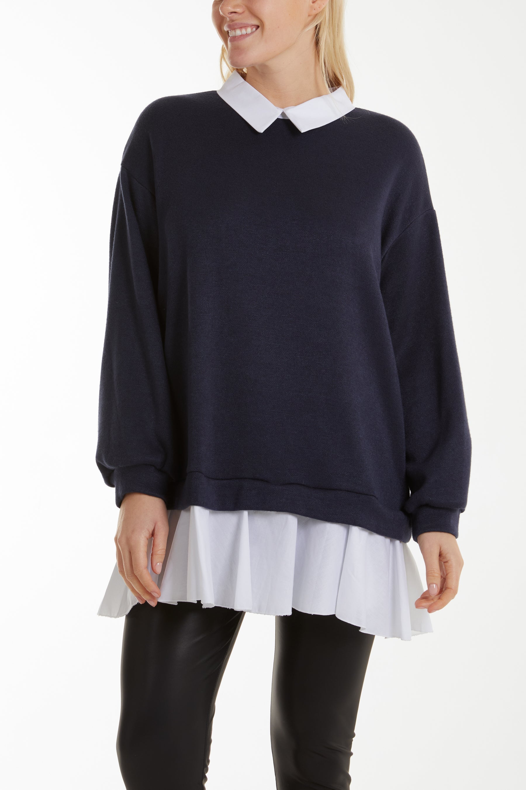 Two In One Knitted Collar Top Jumpers WearAll Navy One Size