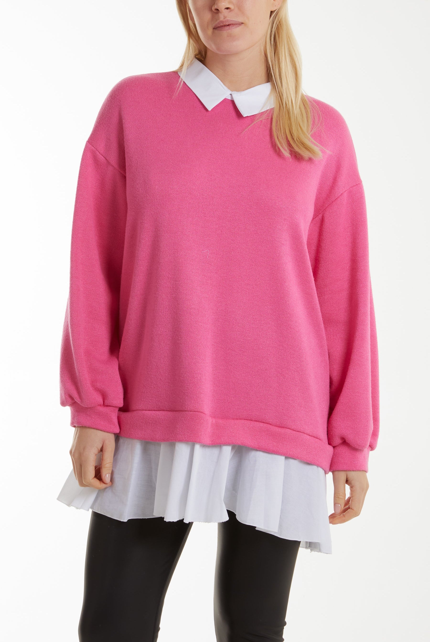 Two In One Knitted Collar Top Jumpers WearAll Hot Pink One Size