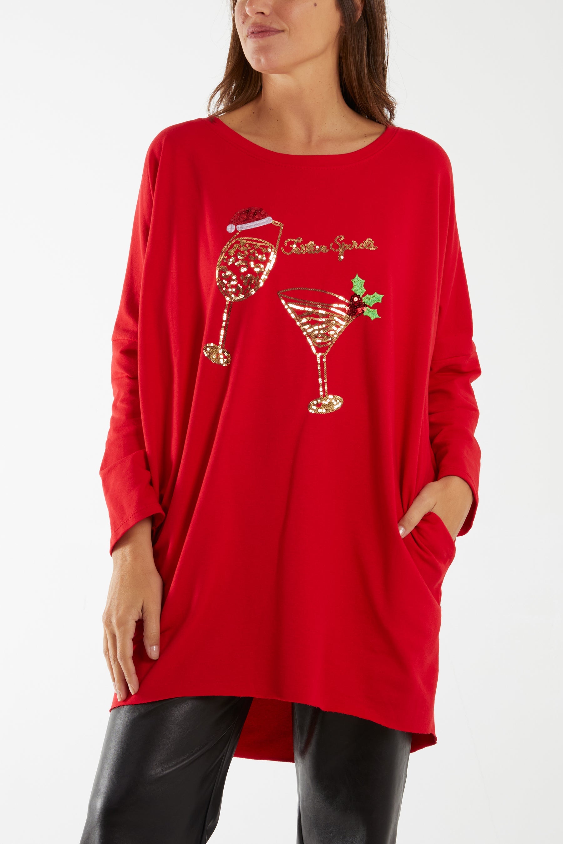 Sequin Festive Glasses Sweatshirt/Dress Dresses WearAll Red One Size