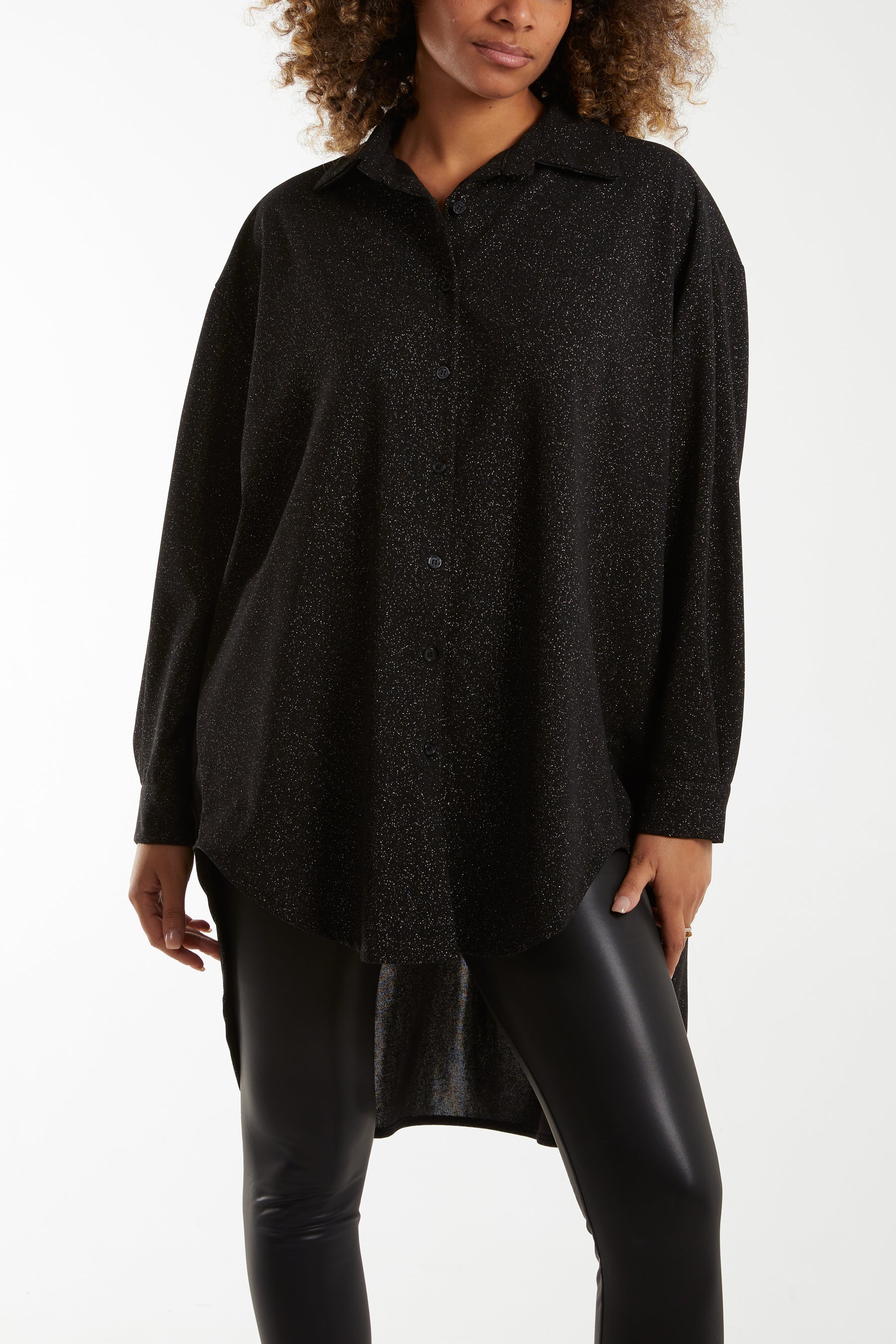 Glitter Oversized Long Sleeve Shirt Shirts WearAll Silver One Size