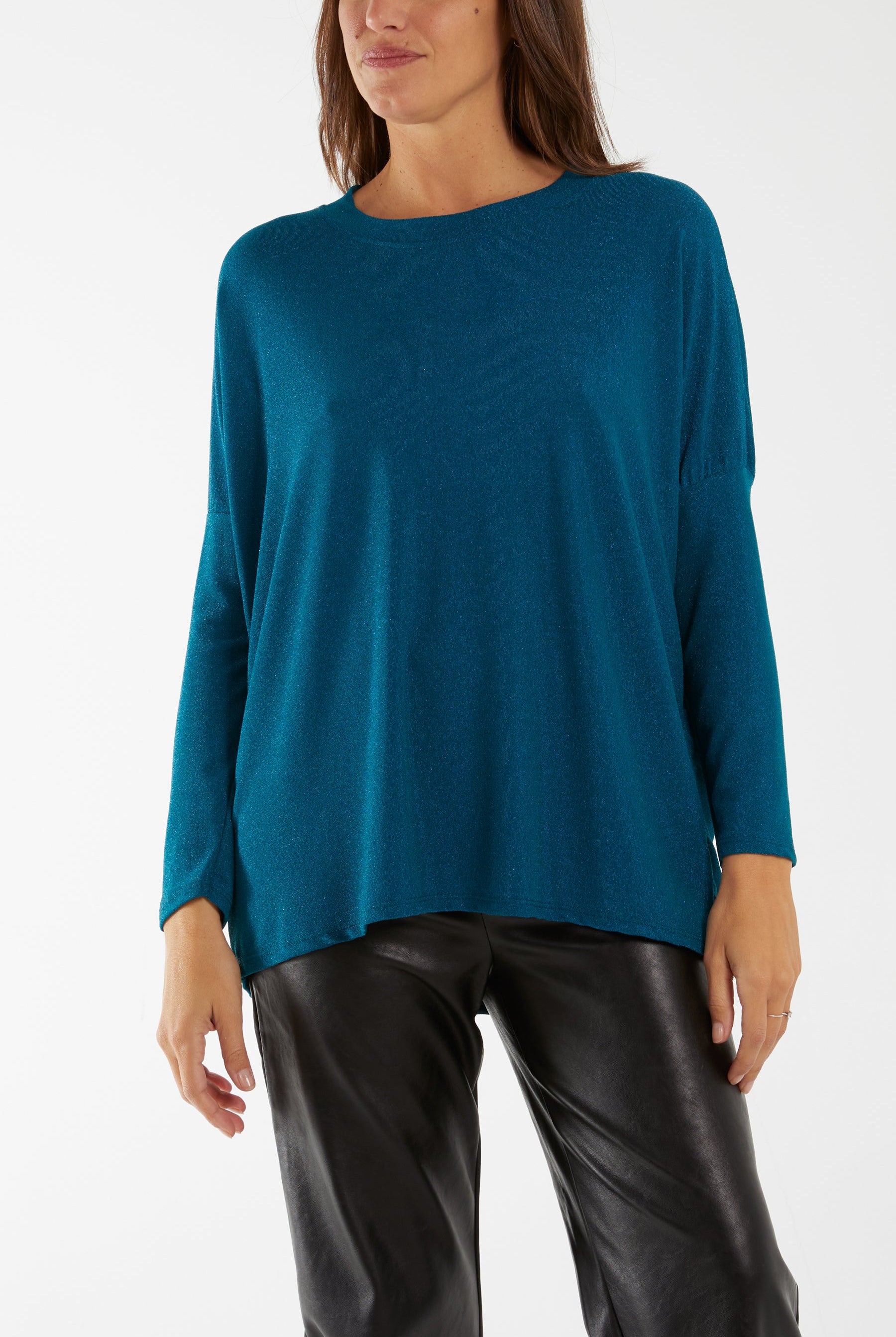 Round Neck Long Sleeve Lurex Top Tops WearAll Teal One Size