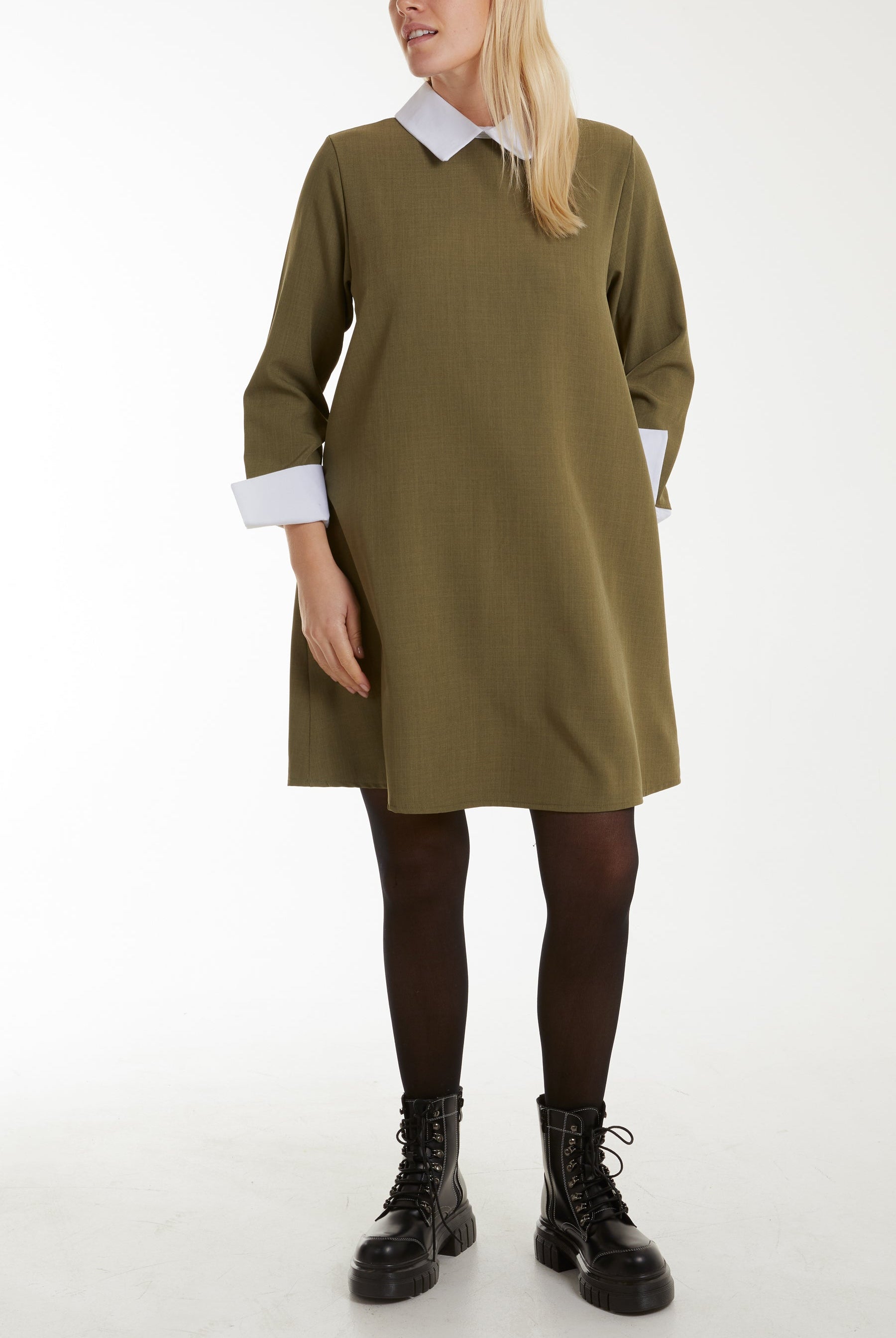 Collar & Cuff A Line Side Pocket Dress Dresses WearAll Khaki One Size