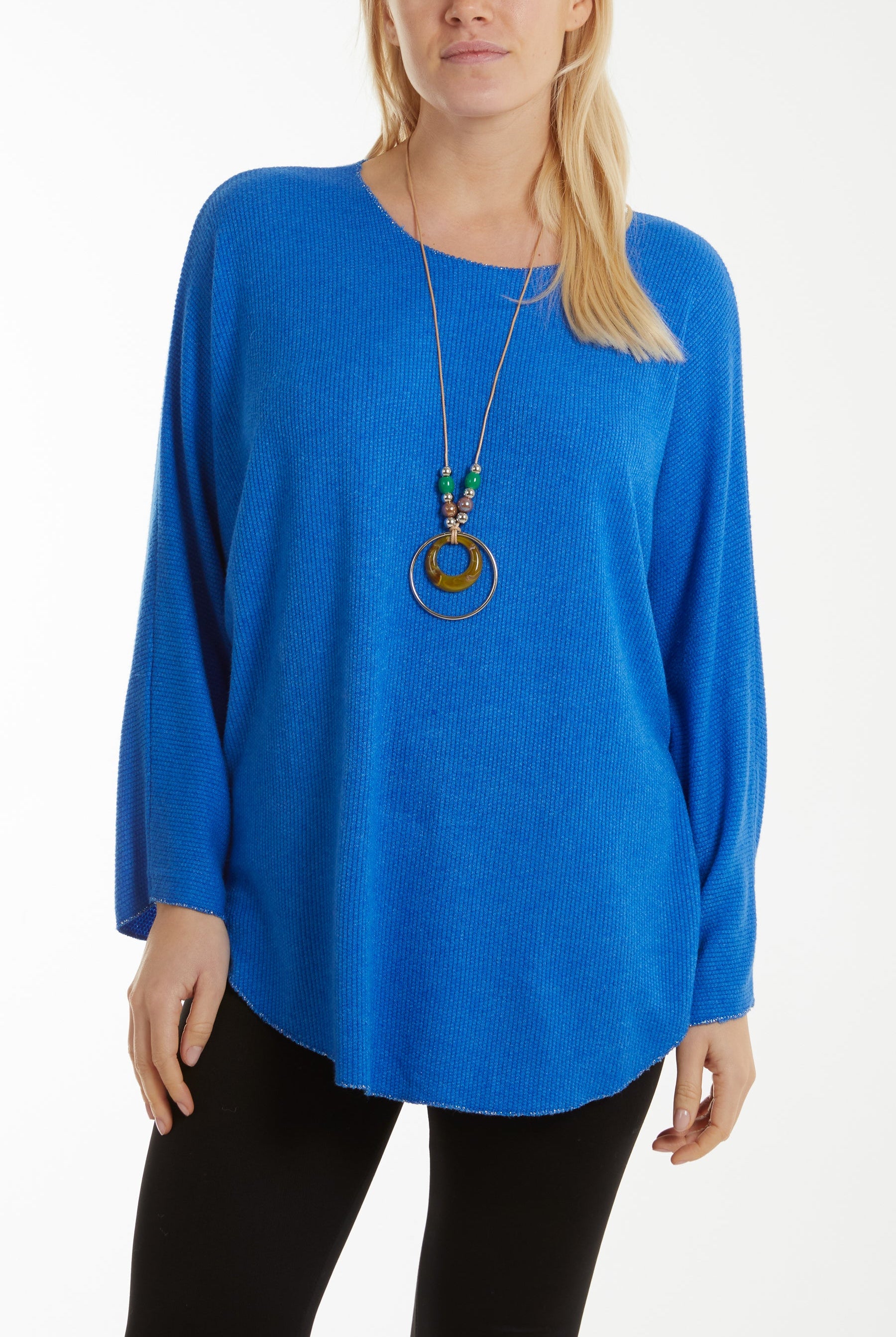 Waffle Fine Knit Batwing Necklace Jumper Jumpers WearAll Royal Blue One Size