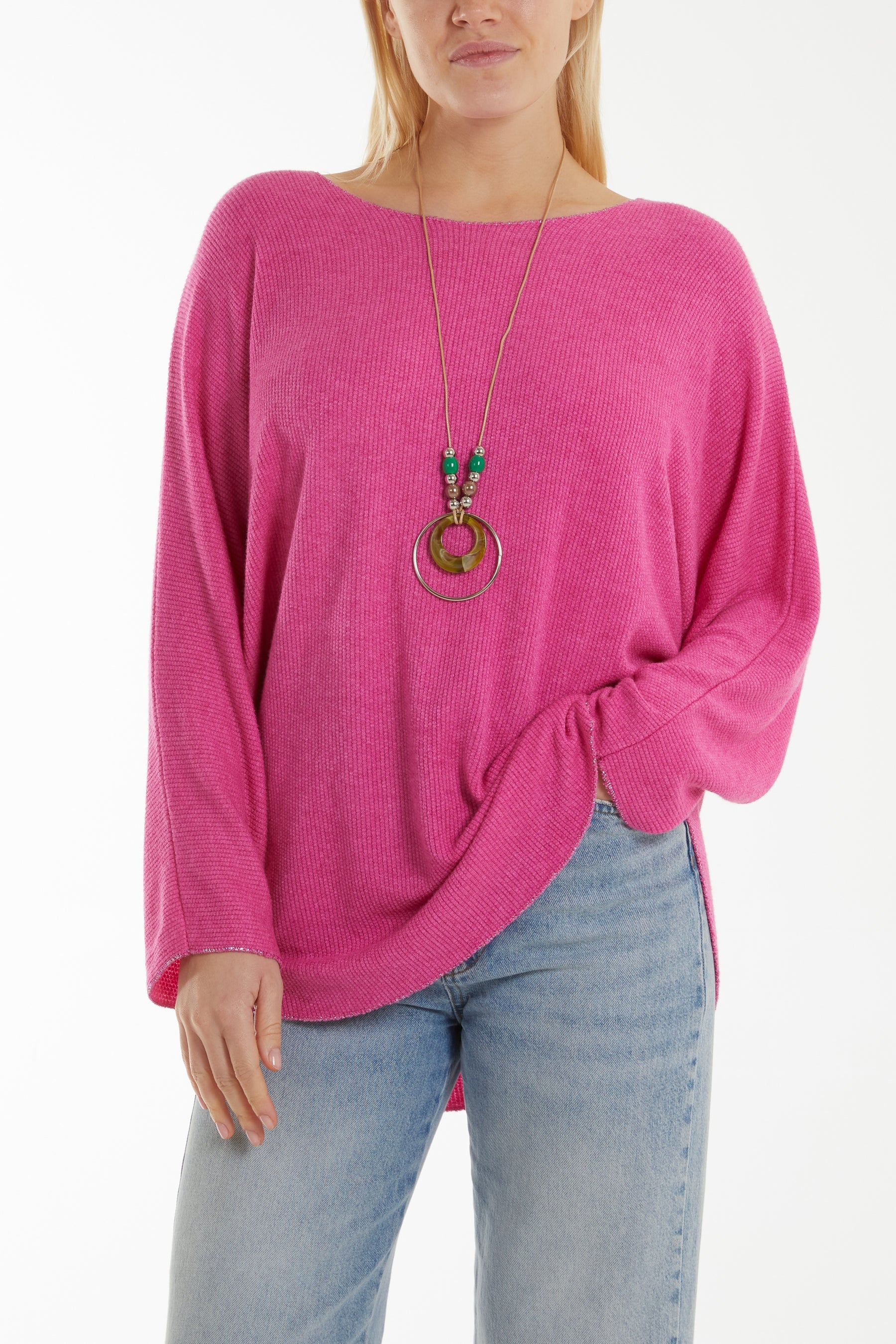 Waffle Fine Knit Batwing Necklace Jumper Jumpers WearAll Hot Pink One Size