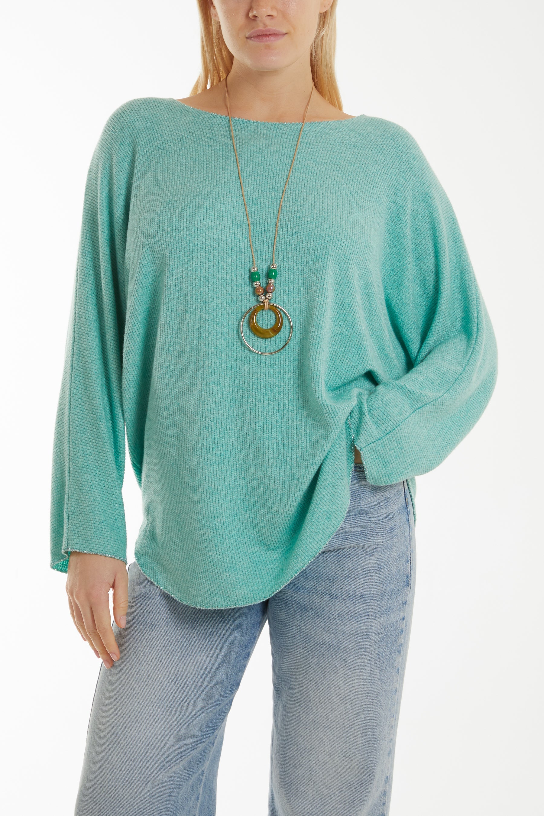 Waffle Fine Knit Batwing Necklace Jumper Jumpers WearAll Mint One Size