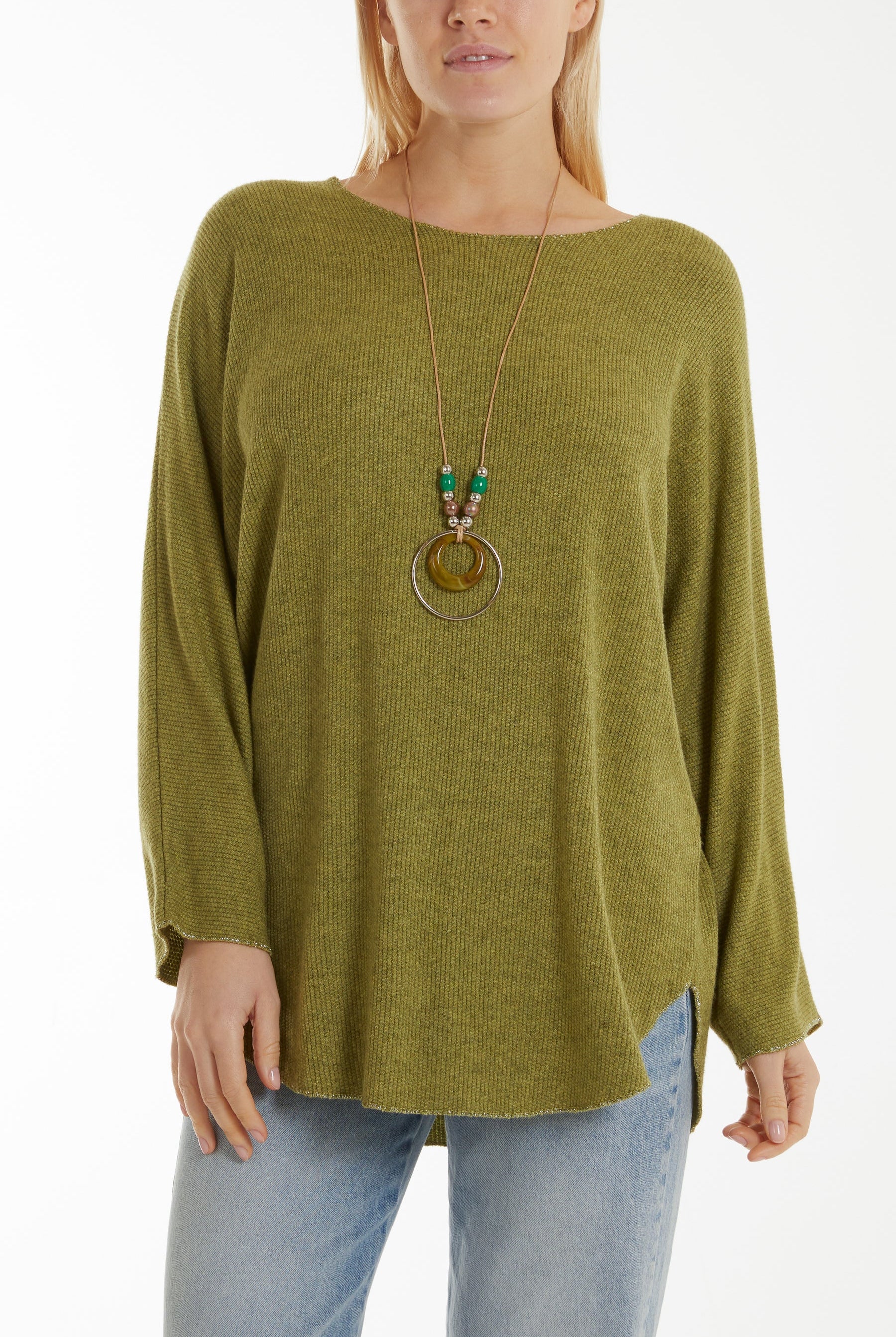 Waffle Fine Knit Batwing Necklace Jumper Jumpers WearAll Olive One Size