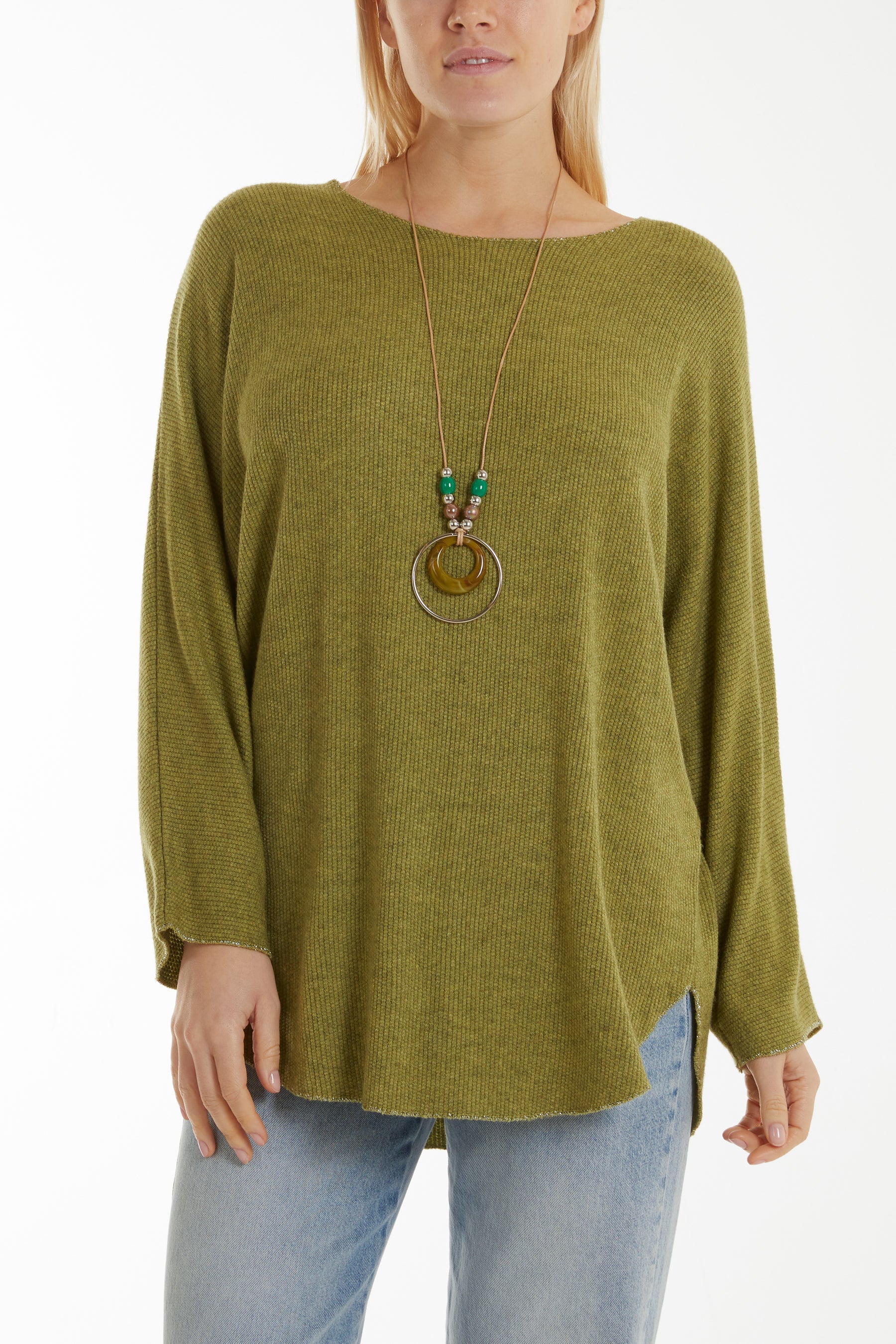 Waffle Fine Knit Batwing Necklace Jumper Jumpers WearAll Olive One Size